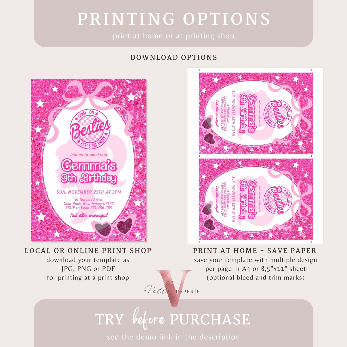 Editable "Besties" Fashion Pink Doll Sparkle Birthday Invitation | Pink Doll Glitter | Any Age Pink Princess Silhoutte Party Invite Instant