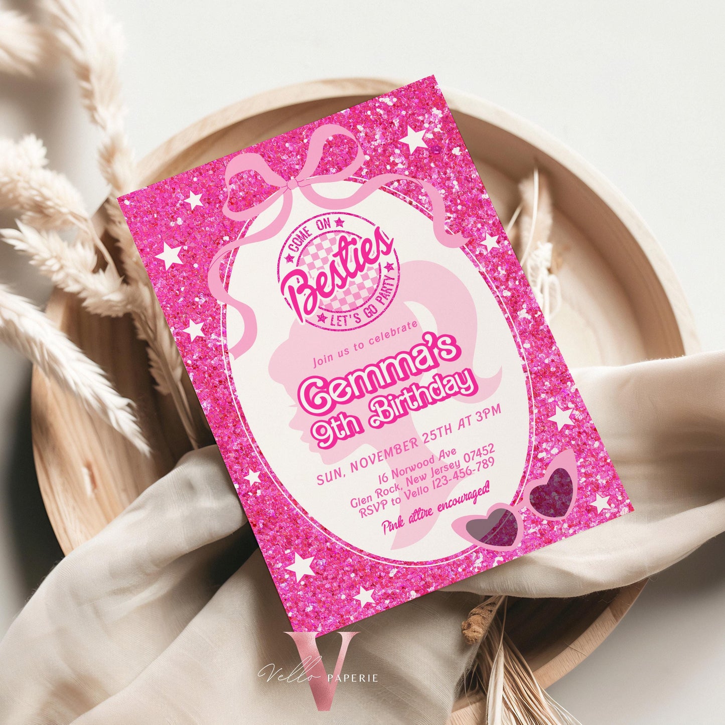 Editable "Besties" Fashion Pink Doll Sparkle Birthday Invitation | Pink Doll Glitter | Any Age Pink Princess Silhoutte Party Invite Instant