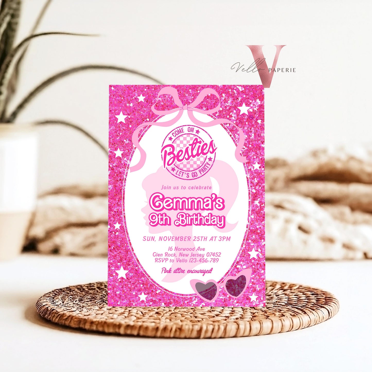 Editable "Besties" Fashion Pink Doll Sparkle Birthday Invitation | Pink Doll Glitter | Any Age Pink Princess Silhoutte Party Invite Instant
