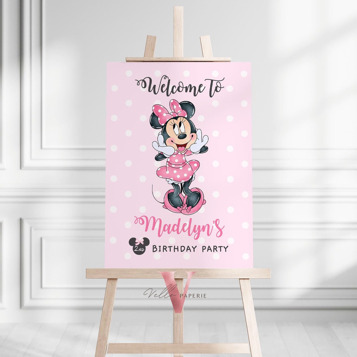 Editable Any Age Minnie Mouse Birthday Welcome Sign | Light Pink Polkadot Minnie Party Decor Sign | Kid Minnie Pink Birthday Sign MMB01
