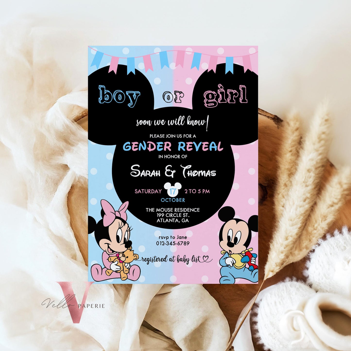 Minnie Mickey Mouse Baby Shower Invitation | Editable Printable Blue Pink Baby Shower Party Invite | Boy or Girl Gender Reveal Party MBS02