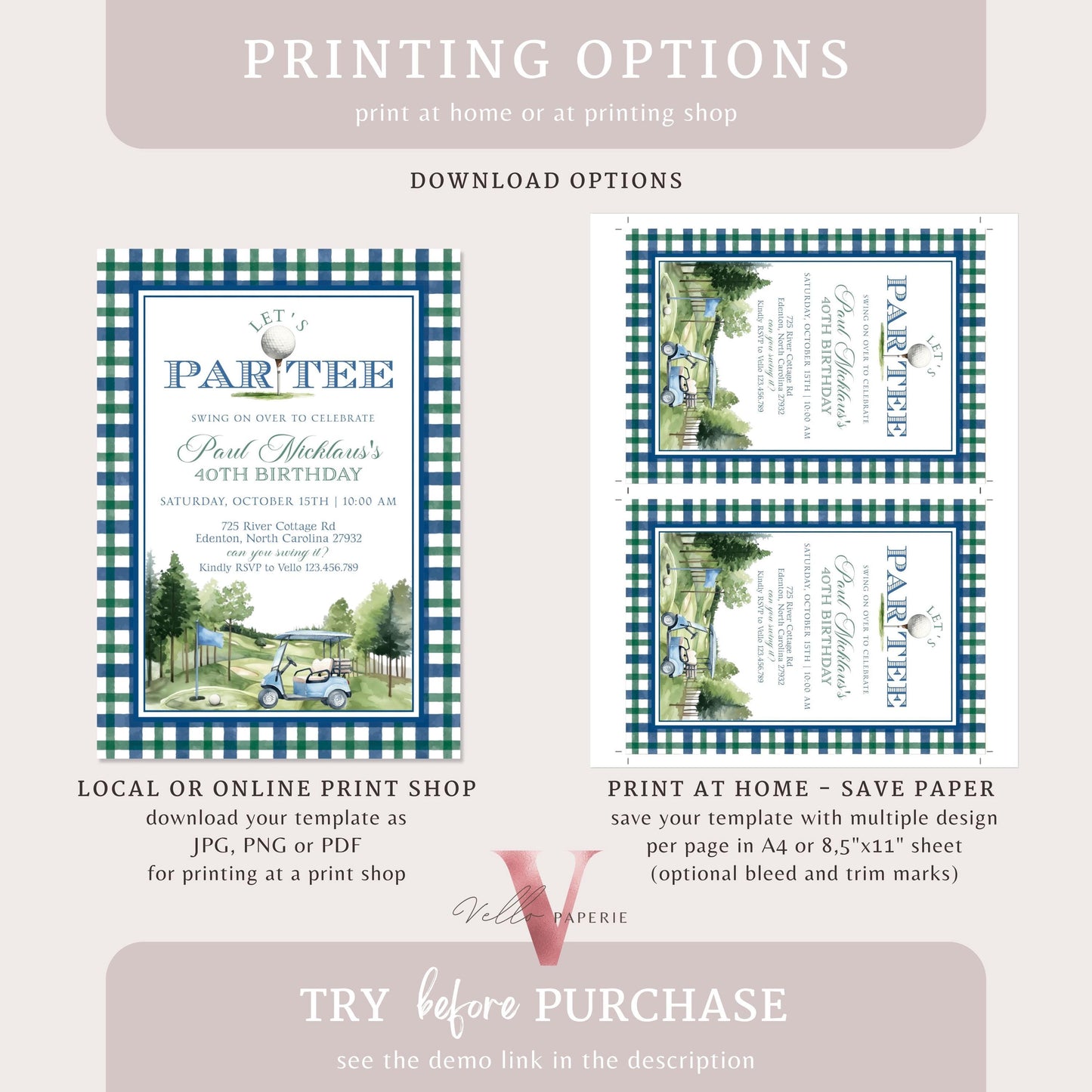 Editable Let's Par-tee Birthday Invitation | Blue and Green Golf Watercolor Birthday Par-tee Invite | Modern Golf Master Party Hole In One