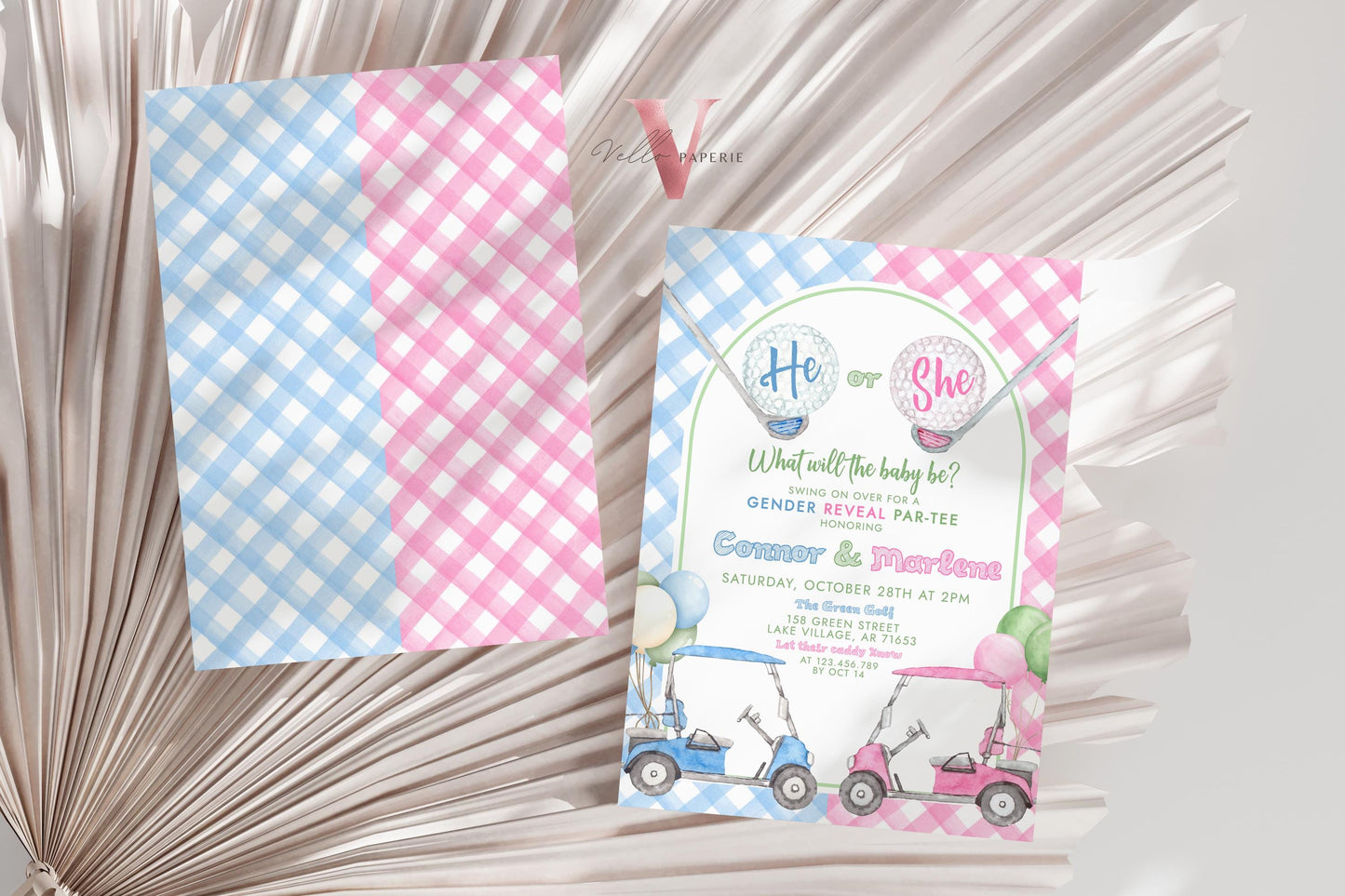 Blue Pink Gold Baby Shower Invitation | Editable Blue and Pink Golf Themed Par-tee For Baby | Boy or Girl Gender Reveal Golf Party Invite