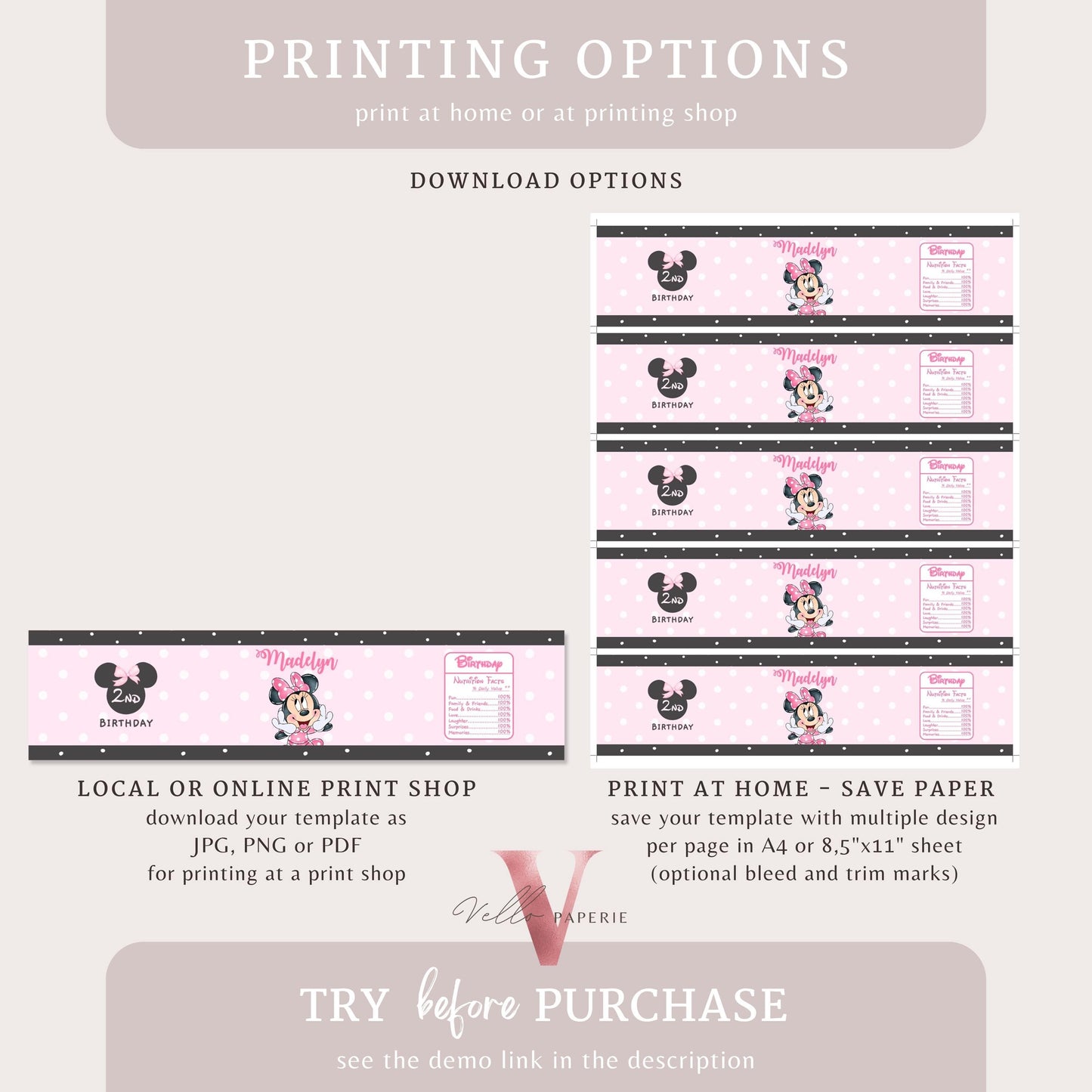 Minnie Mouse Birthday BUNDLE | Minnie Party Invitation, Welcome Sign, Party Favors, Chip Bag, Bottle Label, Caprisun, Rice Krispie Tag MMB01