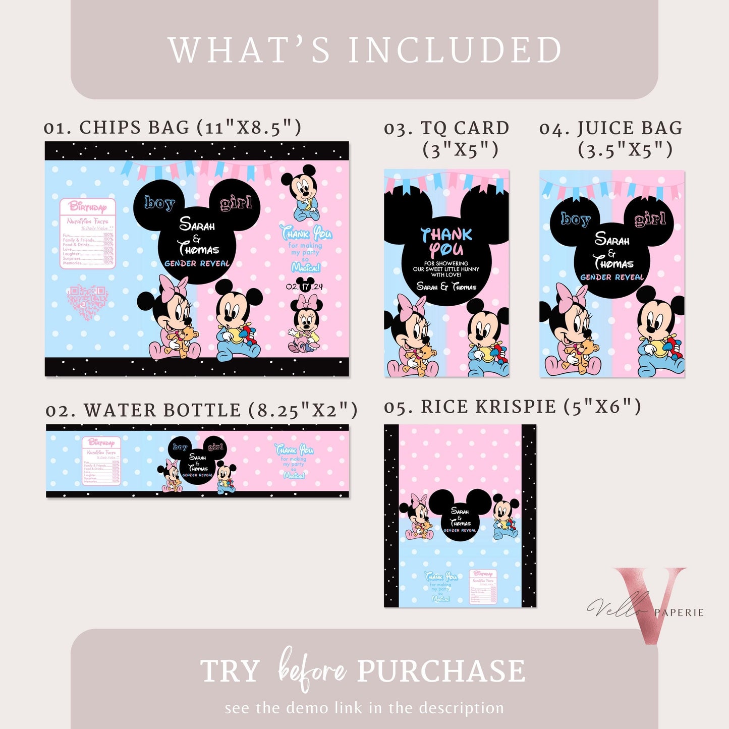Mouse BABY Shower Party Favors | Gender Reveal Minnie Mickey Party Chips Bag, Water Bottle Label, Caprisun, Rice Krispie, Thanks Tag MBS02