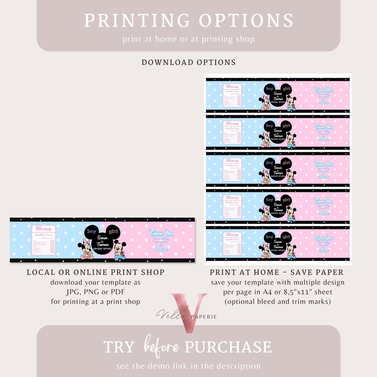 Mouse BABY Shower Party Favors | Gender Reveal Minnie Mickey Party Chips Bag, Water Bottle Label, Caprisun, Rice Krispie, Thanks Tag MBS02
