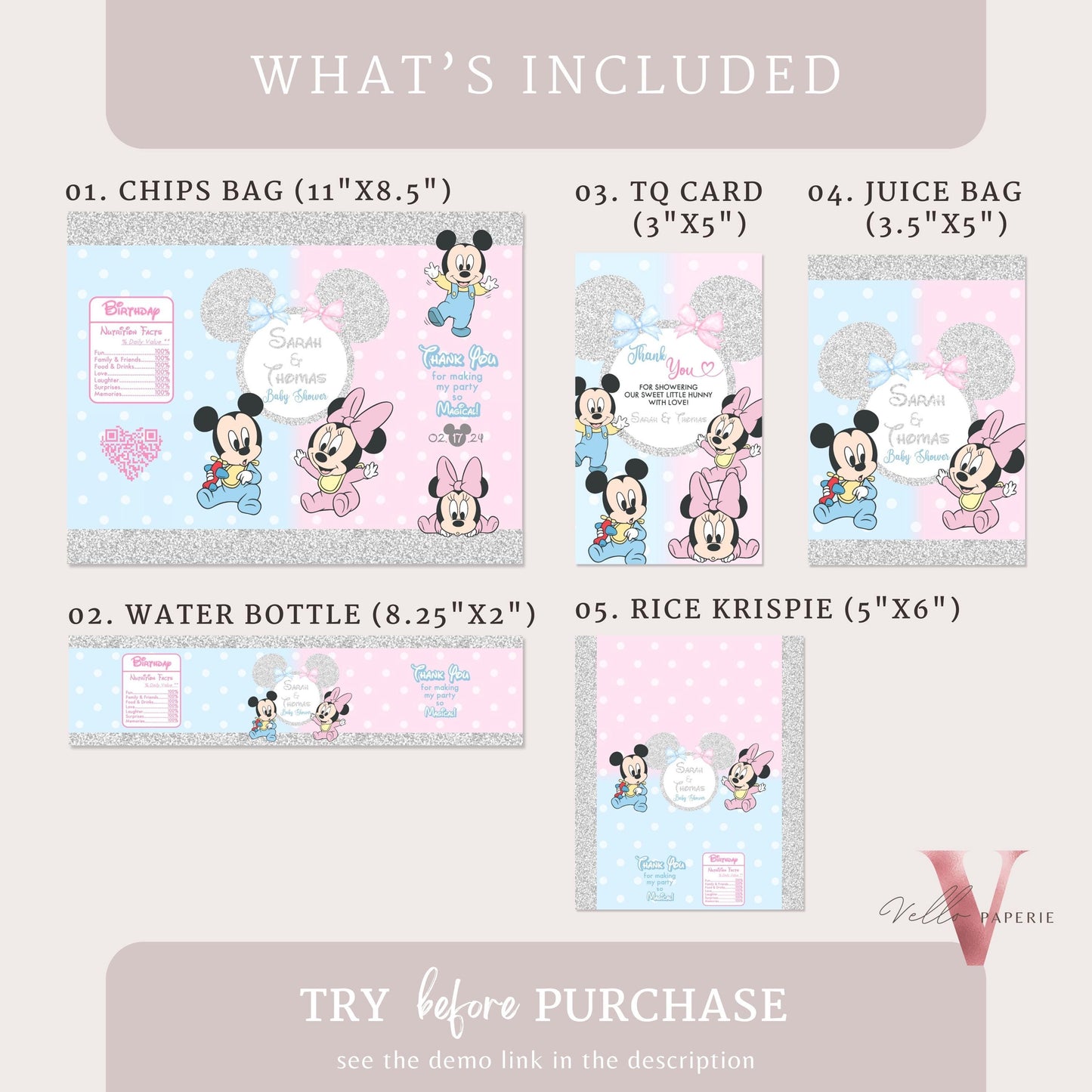 Minnie Mickey BABY Shower BUNDLE | Gender Reveal Mouse Party Invite, Sign, Chips Bag Water Bottle Label Caprisun Rice Krispie TQ Tag MBS01