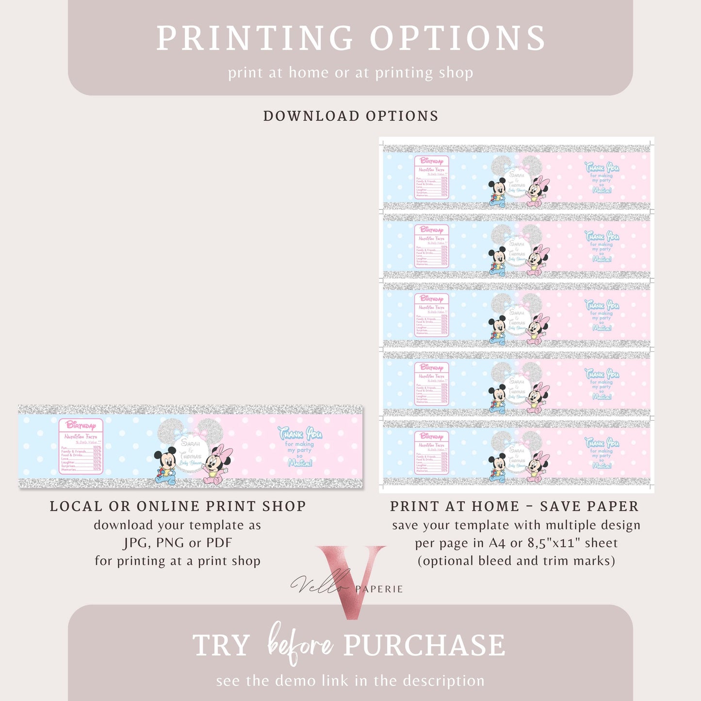 Minnie Mickey BABY Shower BUNDLE | Gender Reveal Mouse Party Invite, Sign, Chips Bag Water Bottle Label Caprisun Rice Krispie TQ Tag MBS01
