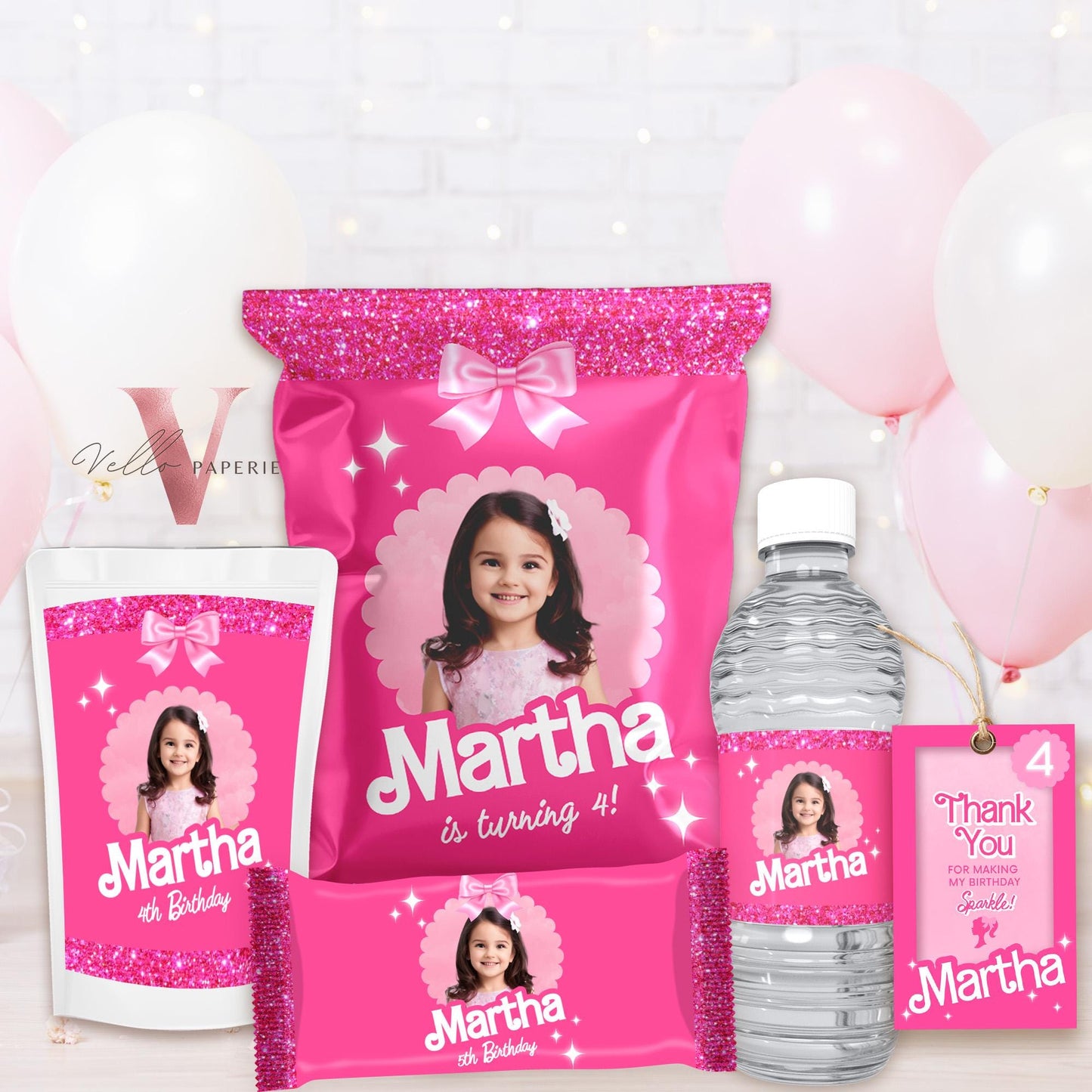 PHOTO Pink Doll Birthday BUNDLE | Sparkle Hot Pink Party Invite, Welcome Sign, Chips Bag Bottle Label Caprisun Rice Krispie TQ Cupcake HPD01