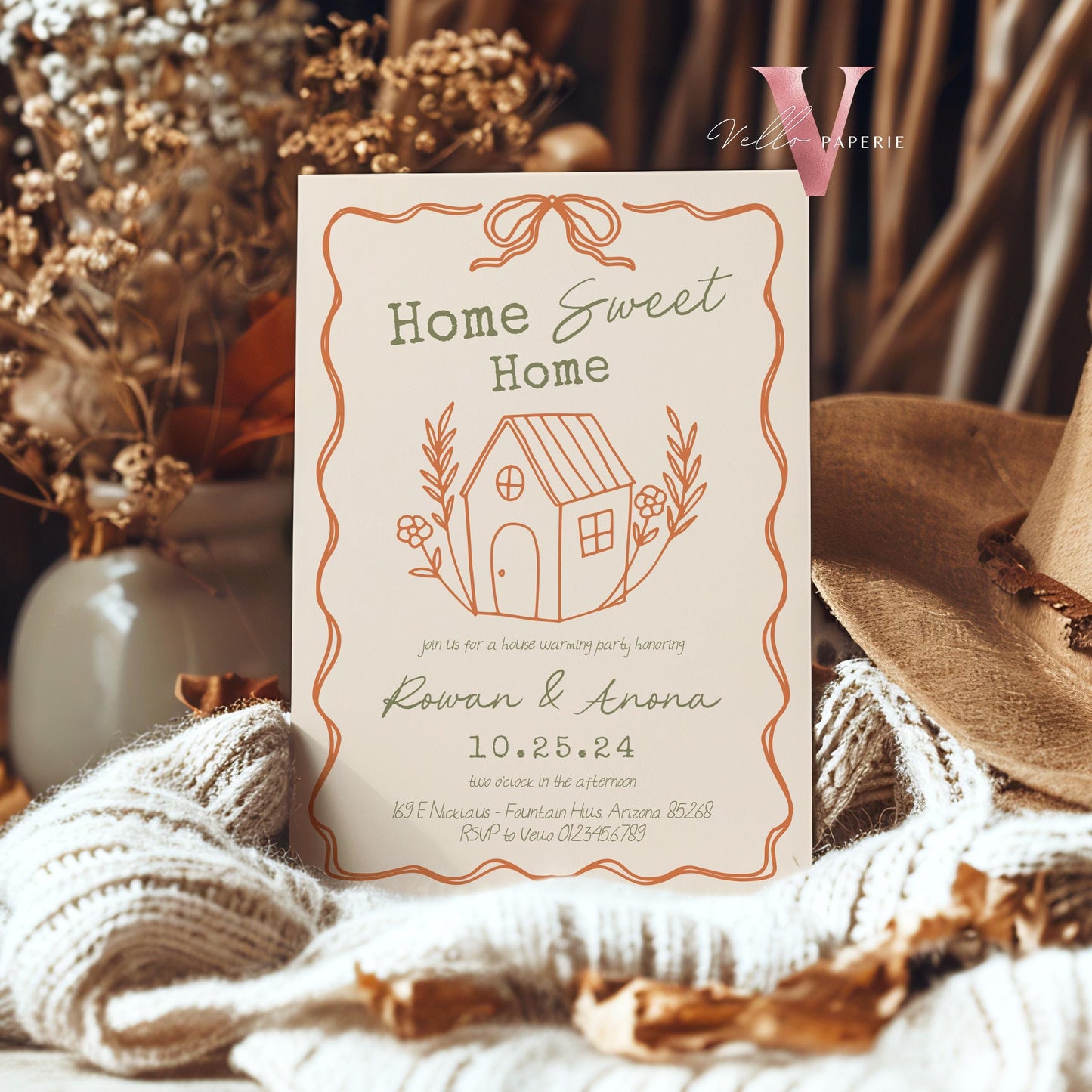 Full Editable Colors Handdrawn House Warming Invitation | Home Sweet Home Party Invite | Modern Minimalist New House Celebration Fall Theme