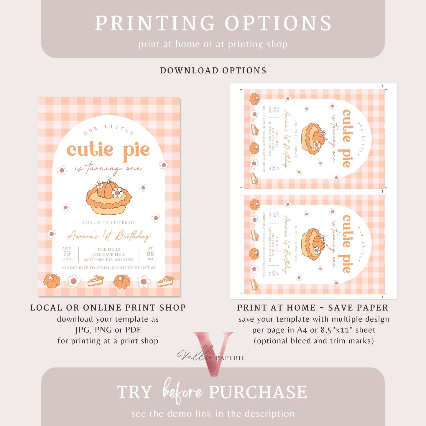 Cutie Pie ANY AGE Birthday Invitation | FALL Sweetie Pie Birthday Party Invite | Autumn Birthday | Gender Neutral Sweet Pie Gingham Birthday