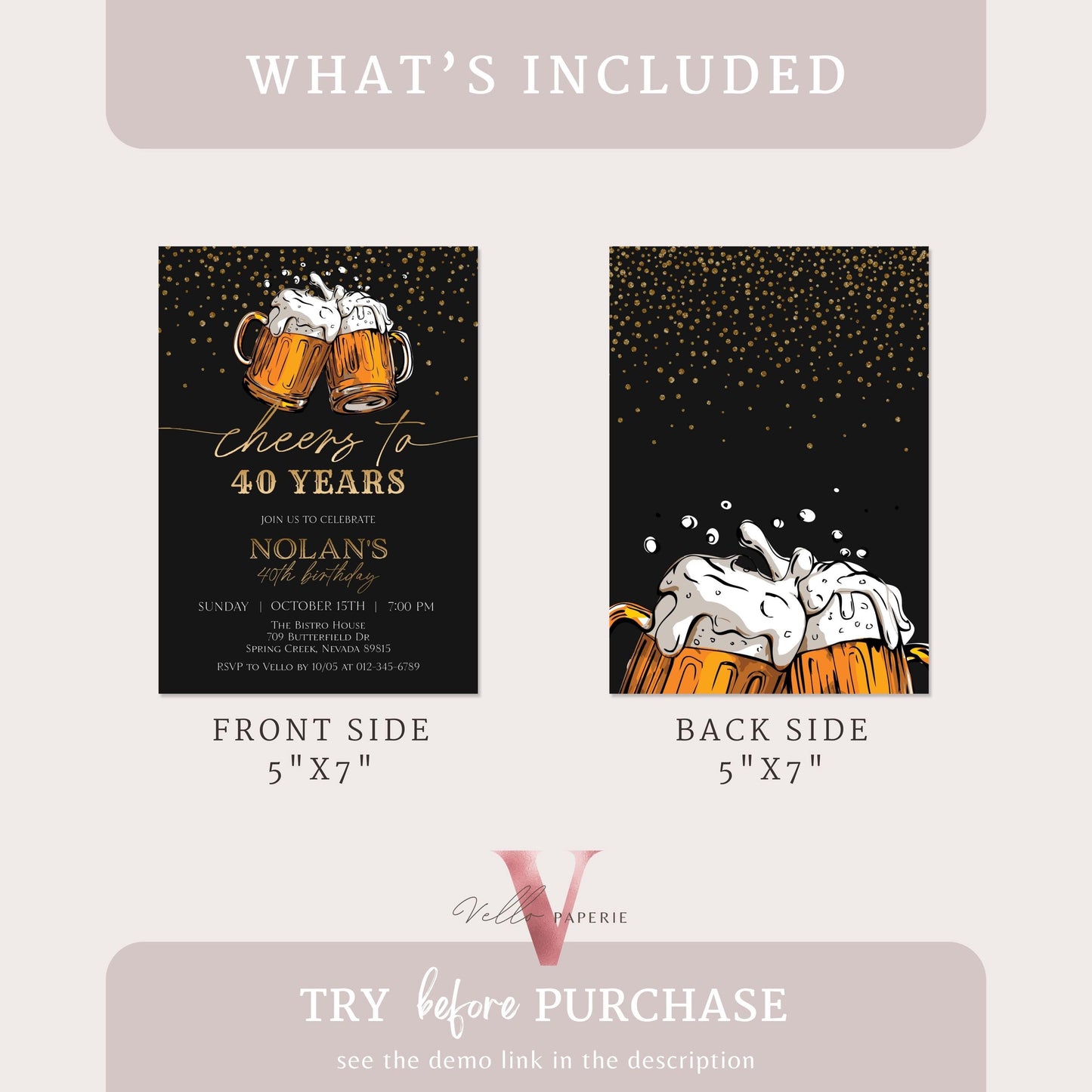 Cheers and Beers Birthday Party Invitation | 30th 40th 50th Beer Surprise Birthday Invite | Editable Printable Sparkle Gold Black Adult