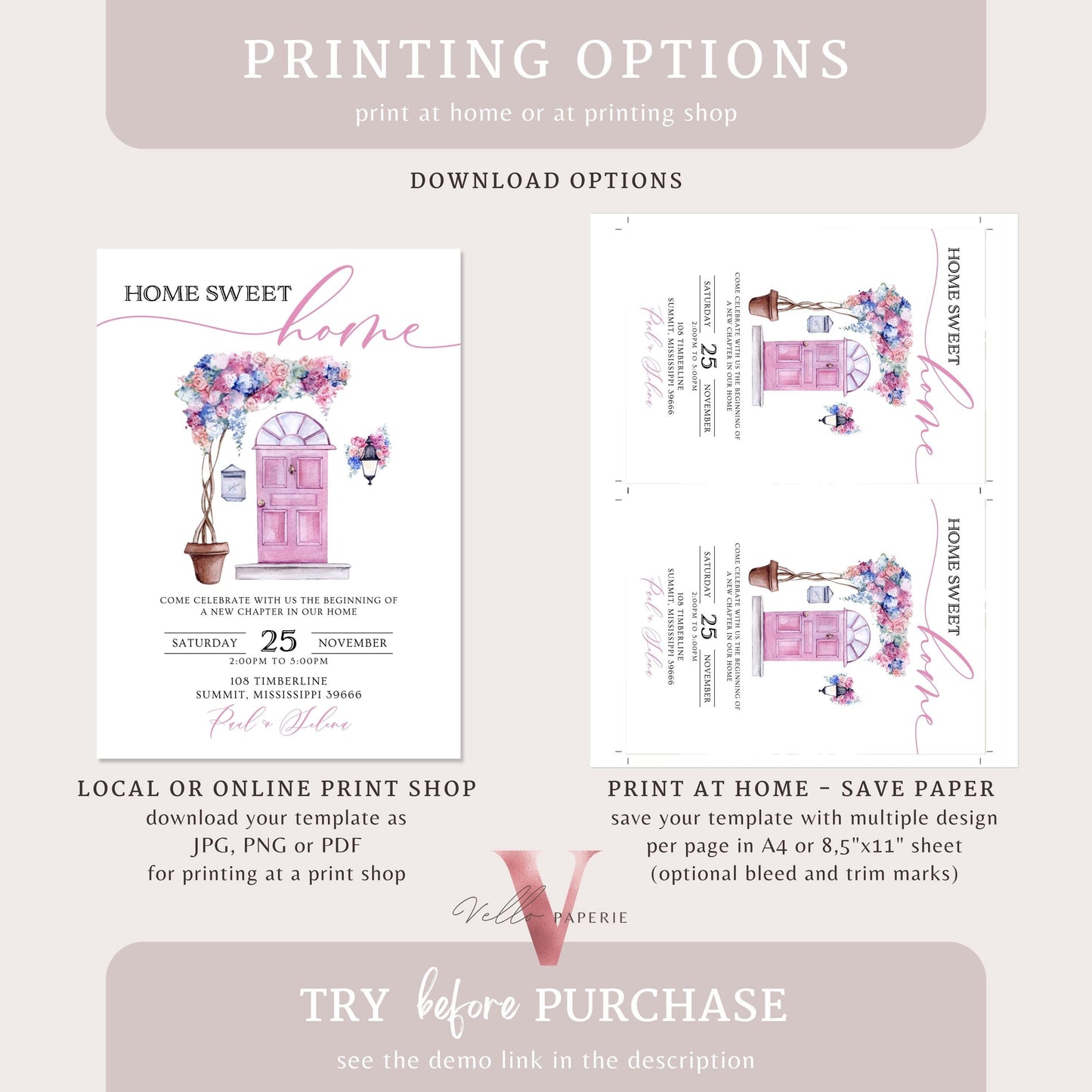 Neutral Floral House Warming Invitation | Entrydoor watercolor Home Sweet Home Party Invite | Modern Simple Flower New House Celebration