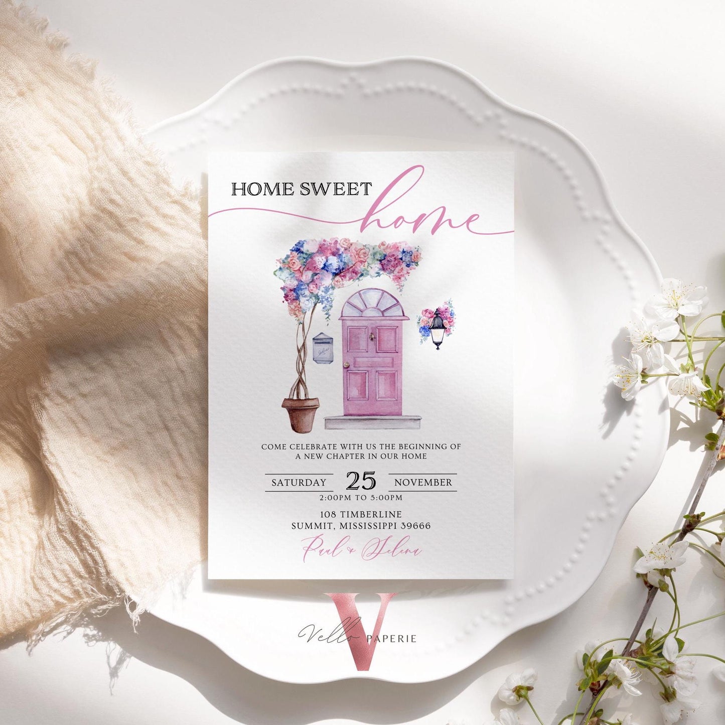 Neutral Floral House Warming Invitation | Entrydoor watercolor Home Sweet Home Party Invite | Modern Simple Flower New House Celebration