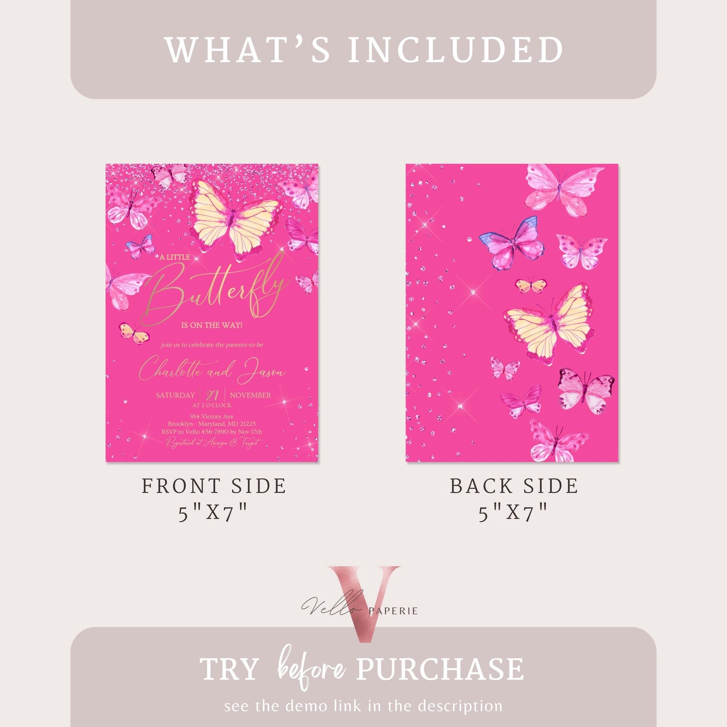 Pink Gold Watercolor Butterfly Baby Shower Party Invitation | A little butterfly Welcome Baby Party Invite | Hot Pink Sparkle Baby Butterfly