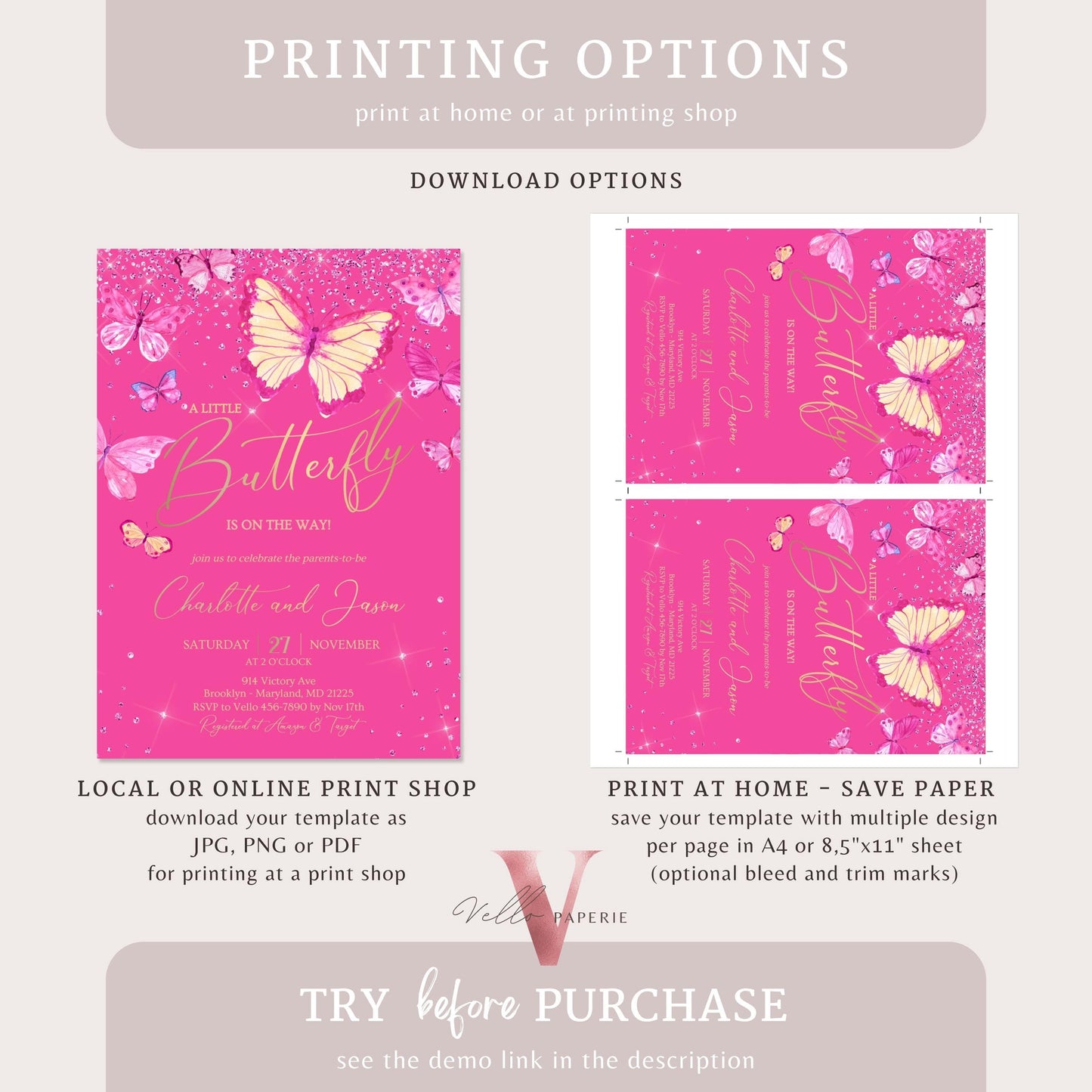 Pink Gold Watercolor Butterfly Baby Shower Party Invitation | A little butterfly Welcome Baby Party Invite | Hot Pink Sparkle Baby Butterfly