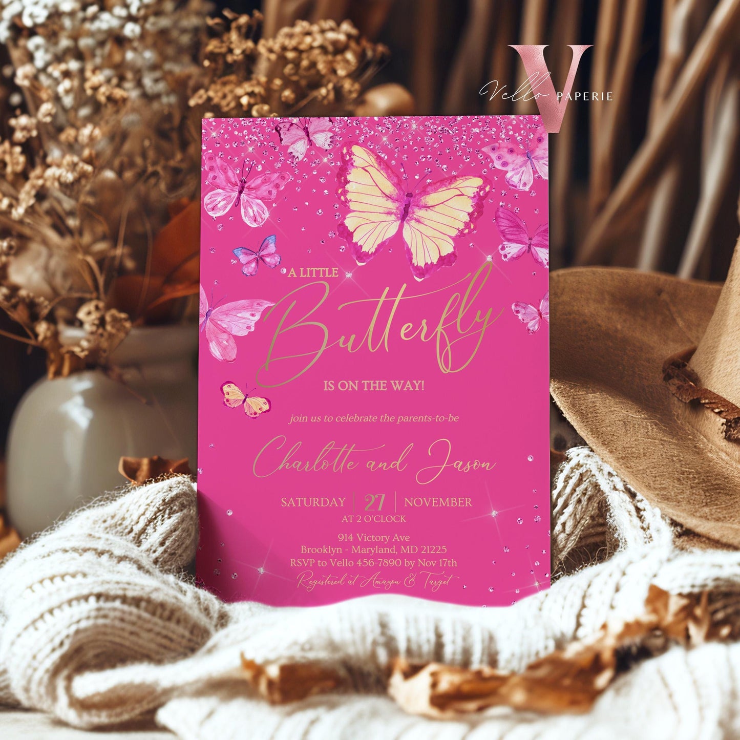 Pink Gold Watercolor Butterfly Baby Shower Party Invitation | A little butterfly Welcome Baby Party Invite | Hot Pink Sparkle Baby Butterfly