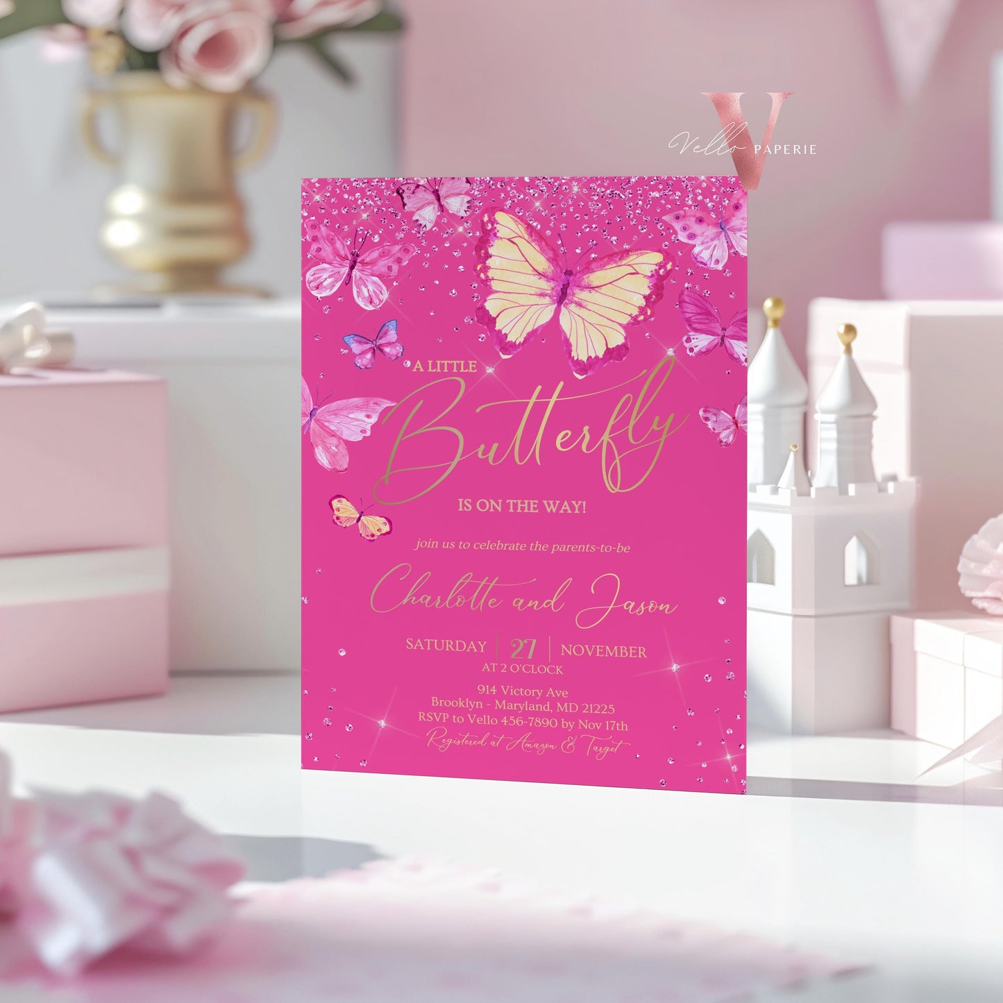 Pink Gold Watercolor Butterfly Baby Shower Party Invitation | A little butterfly Welcome Baby Party Invite | Hot Pink Sparkle Baby Butterfly