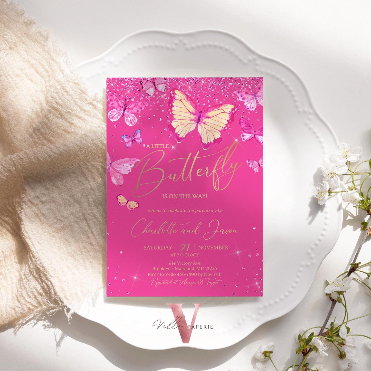 Pink Gold Watercolor Butterfly Baby Shower Party Invitation | A little butterfly Welcome Baby Party Invite | Hot Pink Sparkle Baby Butterfly