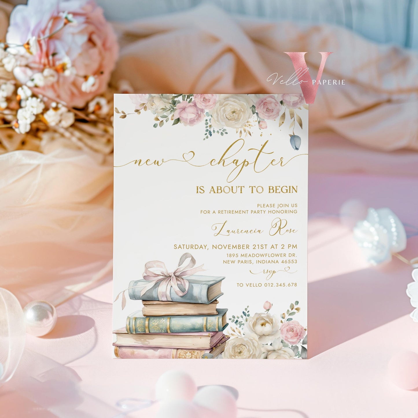 Storybook Retirement Party Invitation | New Chapter is About to Begin Book Retire Celebration Invite | Modern Gold Retirement Party