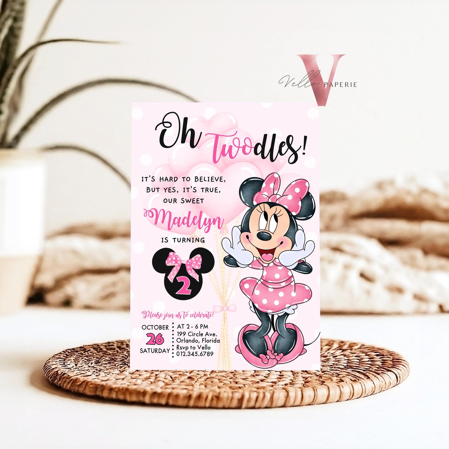 Free Thankyou Tag Oh TWOdles Minnie Mouse Birthday Invitation, Light Pink Polka Dot Invite, 2 year old Girl Second Birthday Instant MMB02