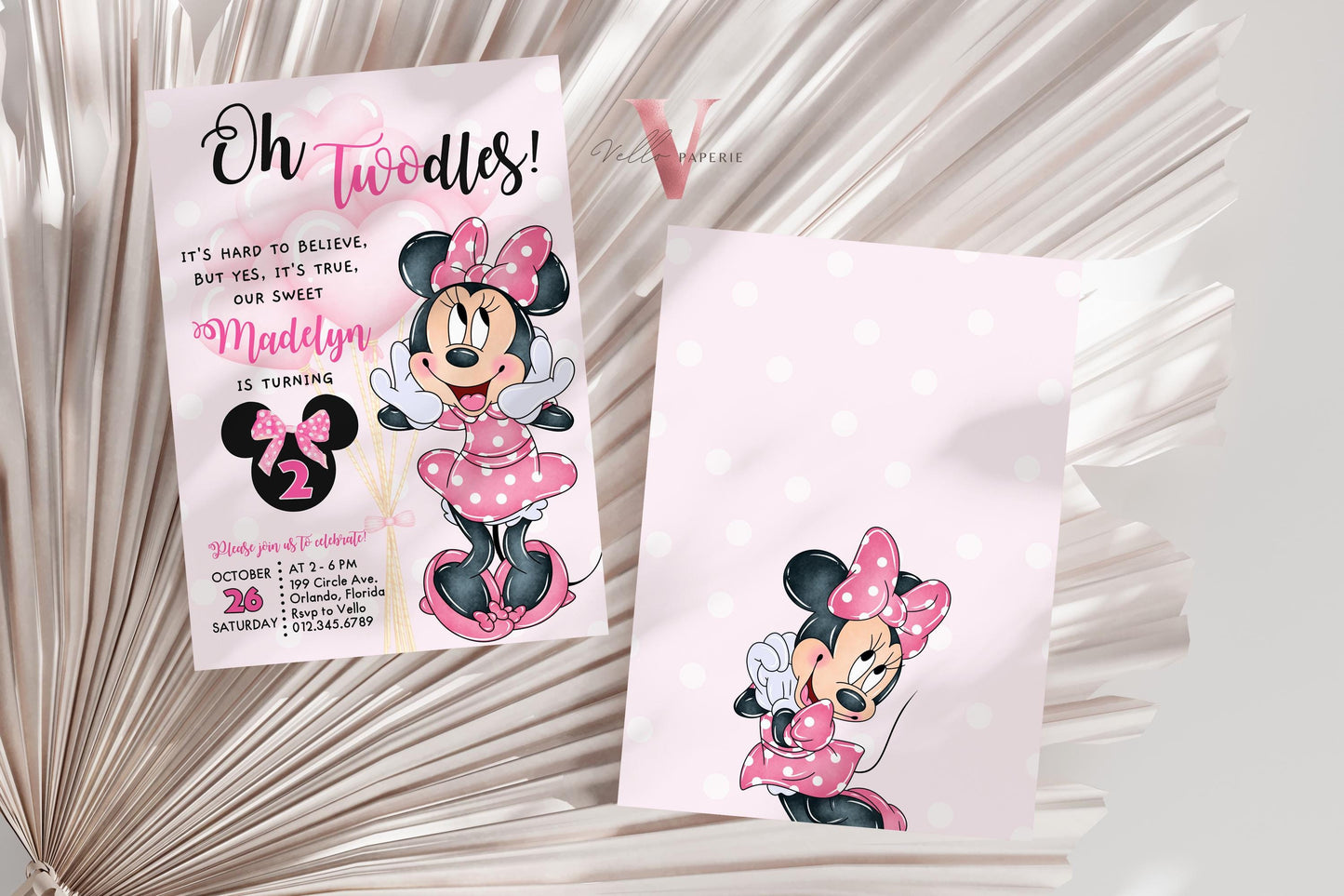 Free Thankyou Tag Oh TWOdles Minnie Mouse Birthday Invitation, Light Pink Polka Dot Invite, 2 year old Girl Second Birthday Instant MMB02