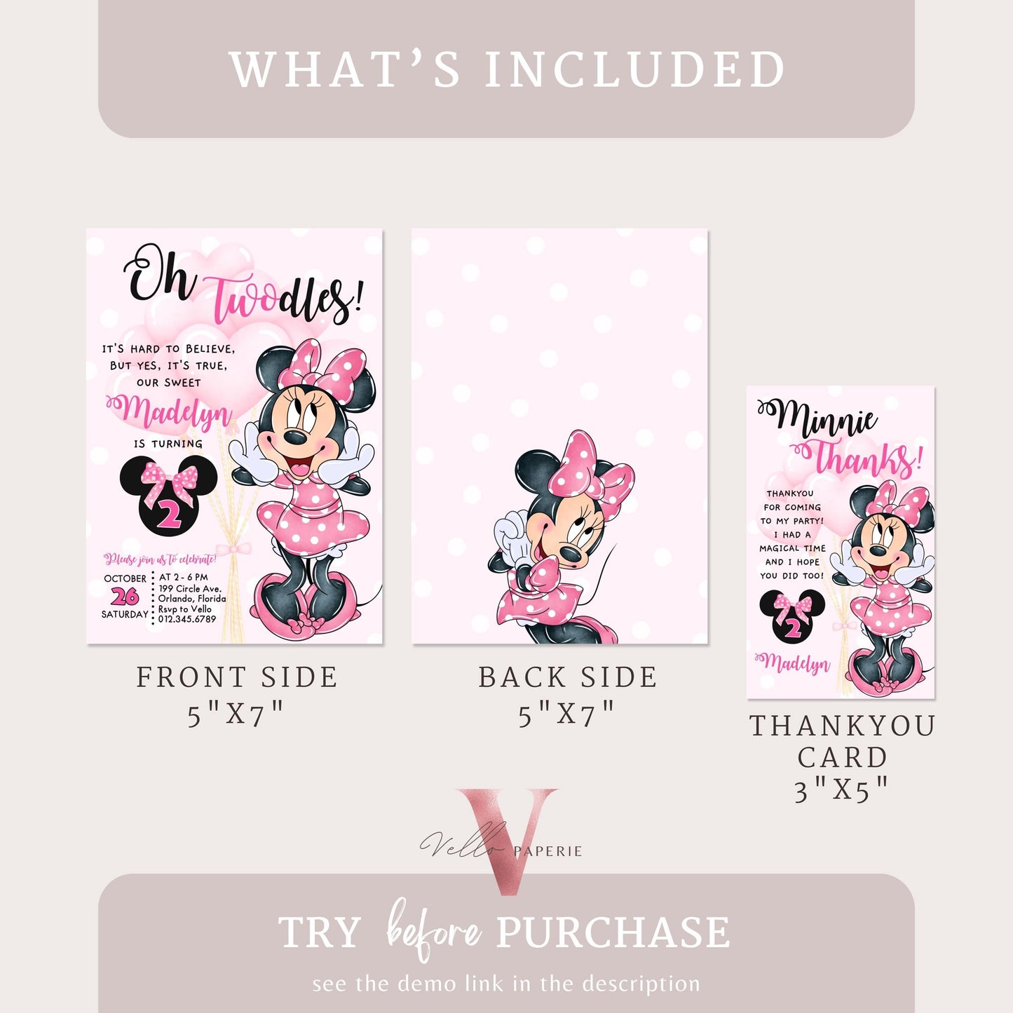Free Thankyou Tag Oh TWOdles Minnie Mouse Birthday Invitation, Light Pink Polka Dot Invite, 2 year old Girl Second Birthday Instant MMB02