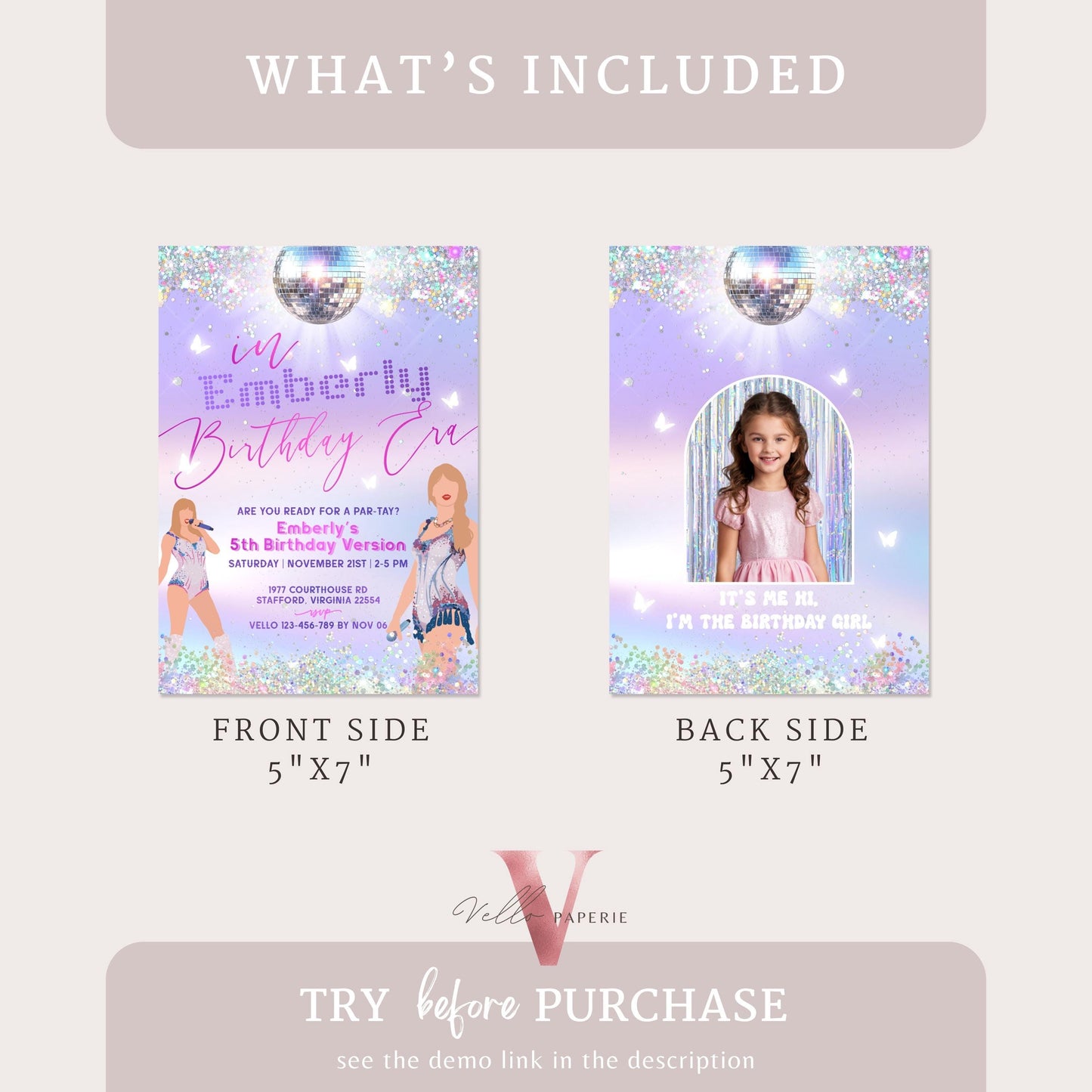 Swifti Par-Tay Birthday Party Invitation Photo | Purple Silver Sparkle Taylor Eras Music Party Invite | It's Me Hi, In My Birthday Era TSP01