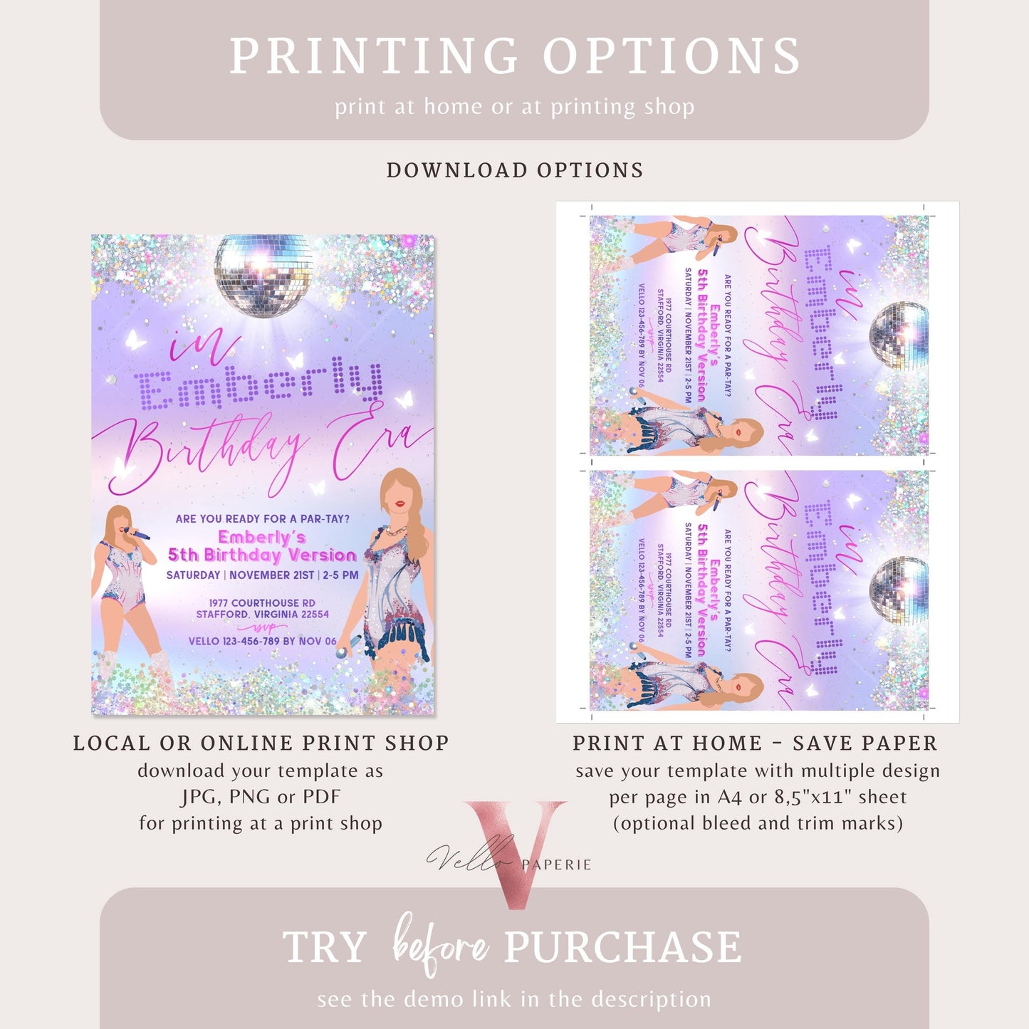 Swifti Par-Tay Birthday Party Invitation Photo | Purple Silver Sparkle Taylor Eras Music Party Invite | It's Me Hi, In My Birthday Era TSP01