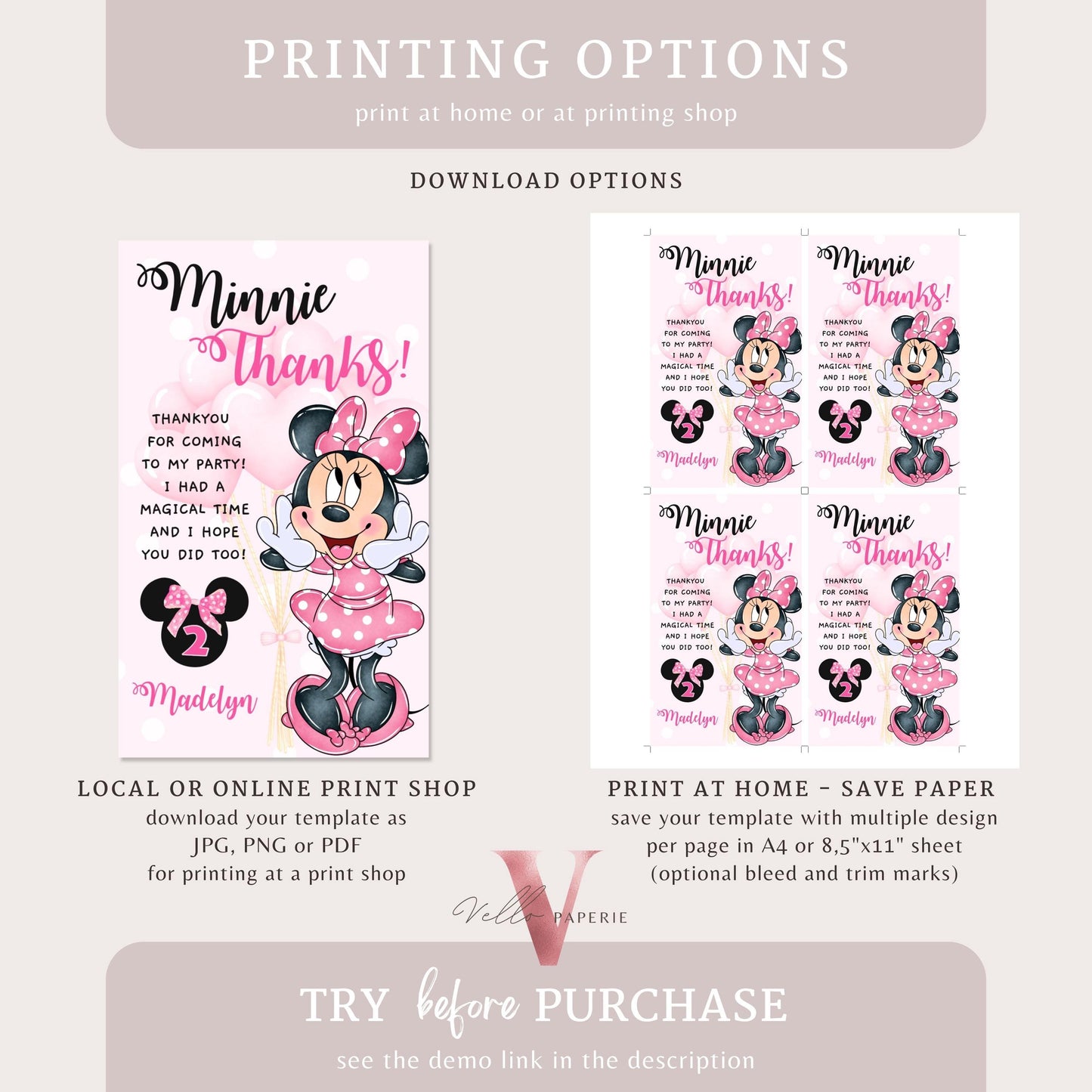 Free Thankyou Tag Oh TWOdles Minnie Mouse Birthday Invitation, Light Pink Polka Dot Invite, 2 year old Girl Second Birthday Instant MMB02