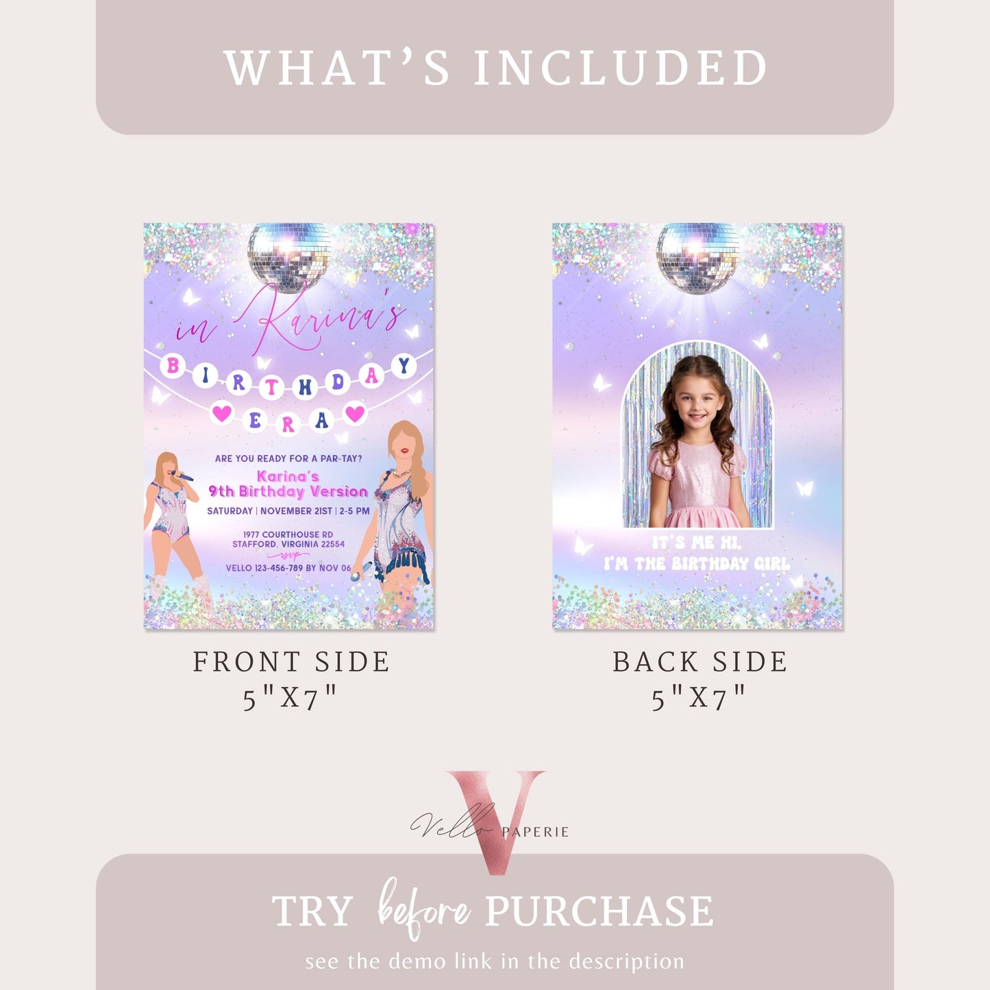 Swifti Par-Tay Birthday Party Invitation Photo | Purple Silver Sparkle Taylor Eras Music Party Invite | It's Me Hi, In My Birthday Era TSP01