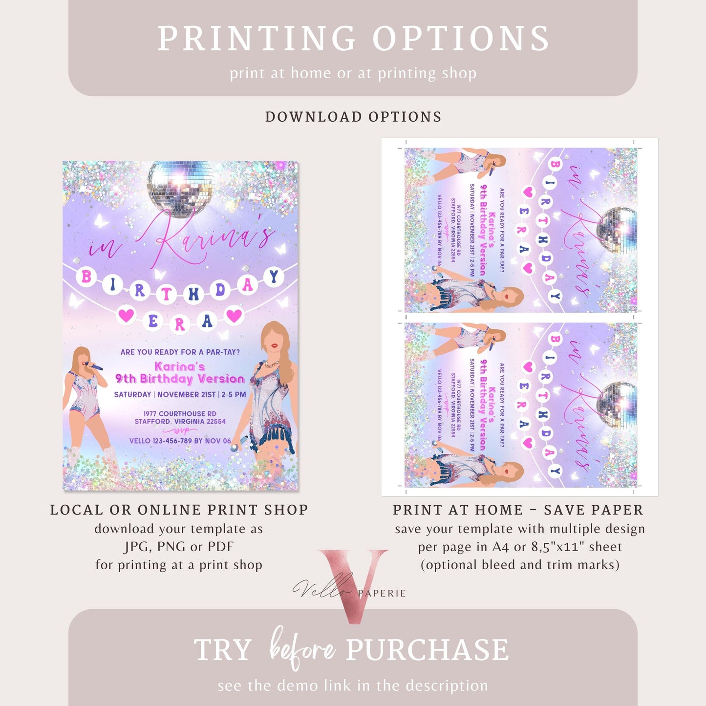 Swifti Par-Tay Birthday Party Invitation Photo | Purple Silver Sparkle Taylor Eras Music Party Invite | It's Me Hi, In My Birthday Era TSP01