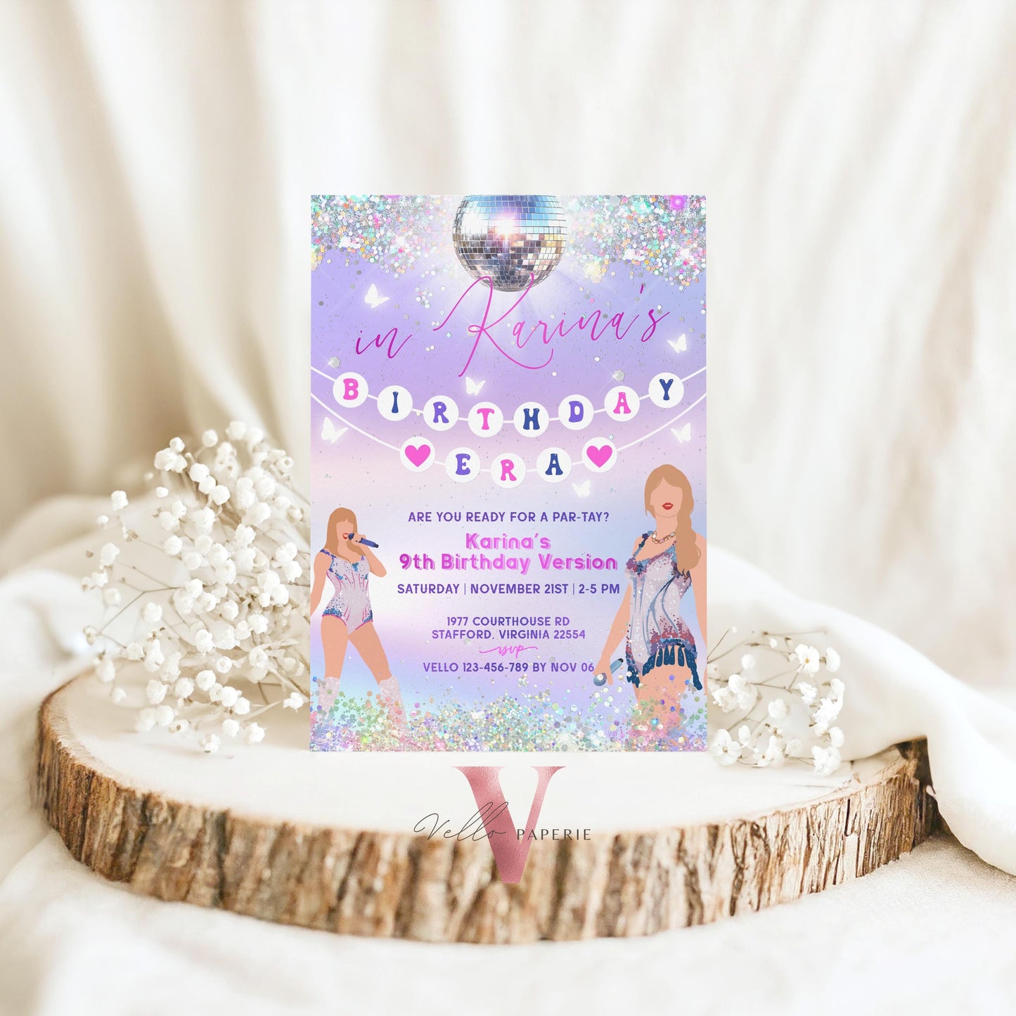 Swifti Par-Tay Birthday Party Invitation Photo | Purple Silver Sparkle Taylor Eras Music Party Invite | It's Me Hi, In My Birthday Era TSP01