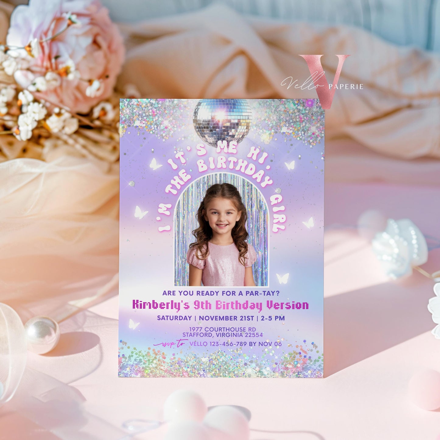 Swifti Par-Tay Birthday Party Invitation Photo | Purple Silver Sparkle Taylor Eras Music Party Invite | It's Me Hi In My Birthday Era TSP01