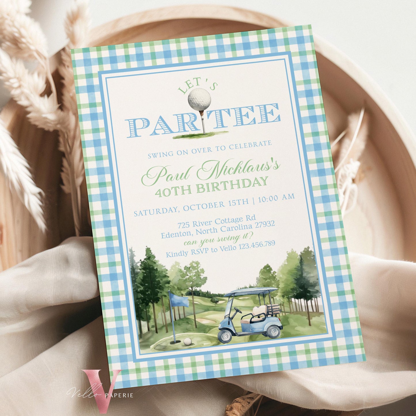 Editable Let's Par-tee Birthday Invitation | Blue and Green Golf Watercolor Birthday Par-tee Invite | Modern Golf Master Party Hole In One