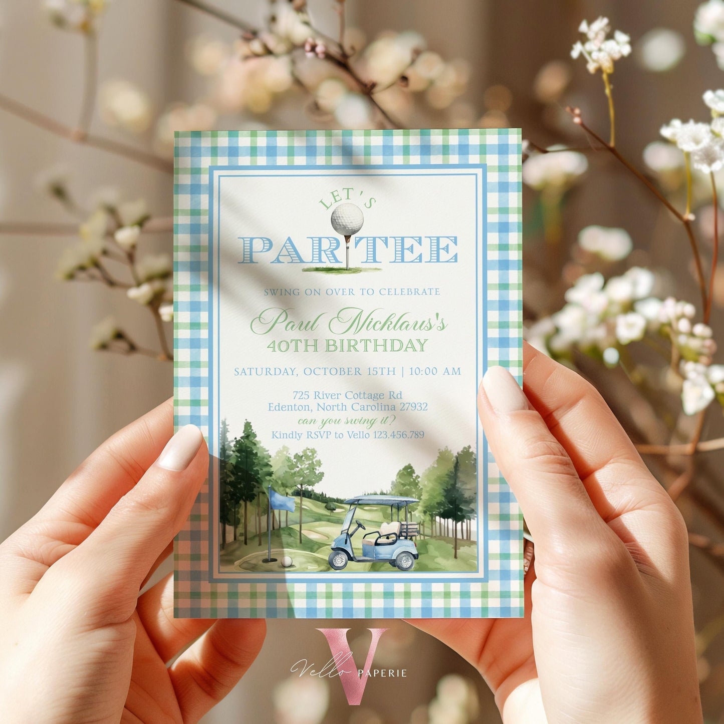 Editable Let's Par-tee Birthday Invitation | Blue and Green Golf Watercolor Birthday Par-tee Invite | Modern Golf Master Party Hole In One