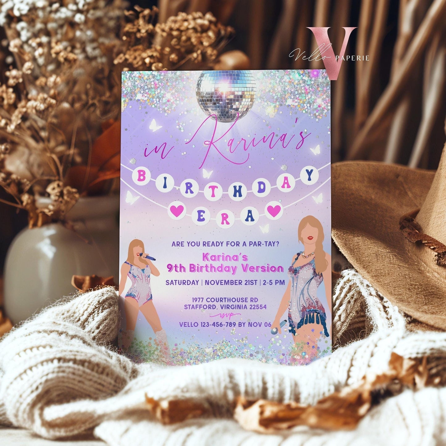 Swifti Par-Tay Birthday Party Invitation Photo | Purple Silver Sparkle Taylor Eras Music Party Invite | It's Me Hi, In My Birthday Era TSP01