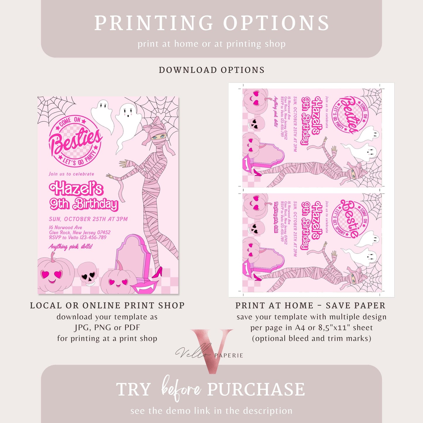 Editable "Bestie" Spooky Pink Doll Halloween Birthday Invitation | Cute Pink Ghost Maliboo Spooktacular Invite | Pink Dolloween Party PH01