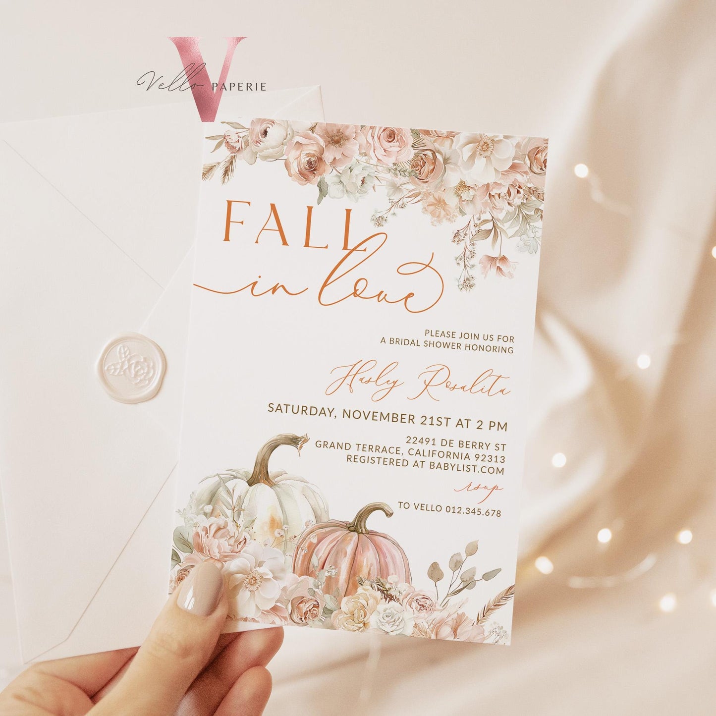 Pumpkin Fall In Love Bridal Shower Invitation | Editable Autumn Flower Bride Shower Invite | Modern Terracota Rustic Flower Wedding Shower