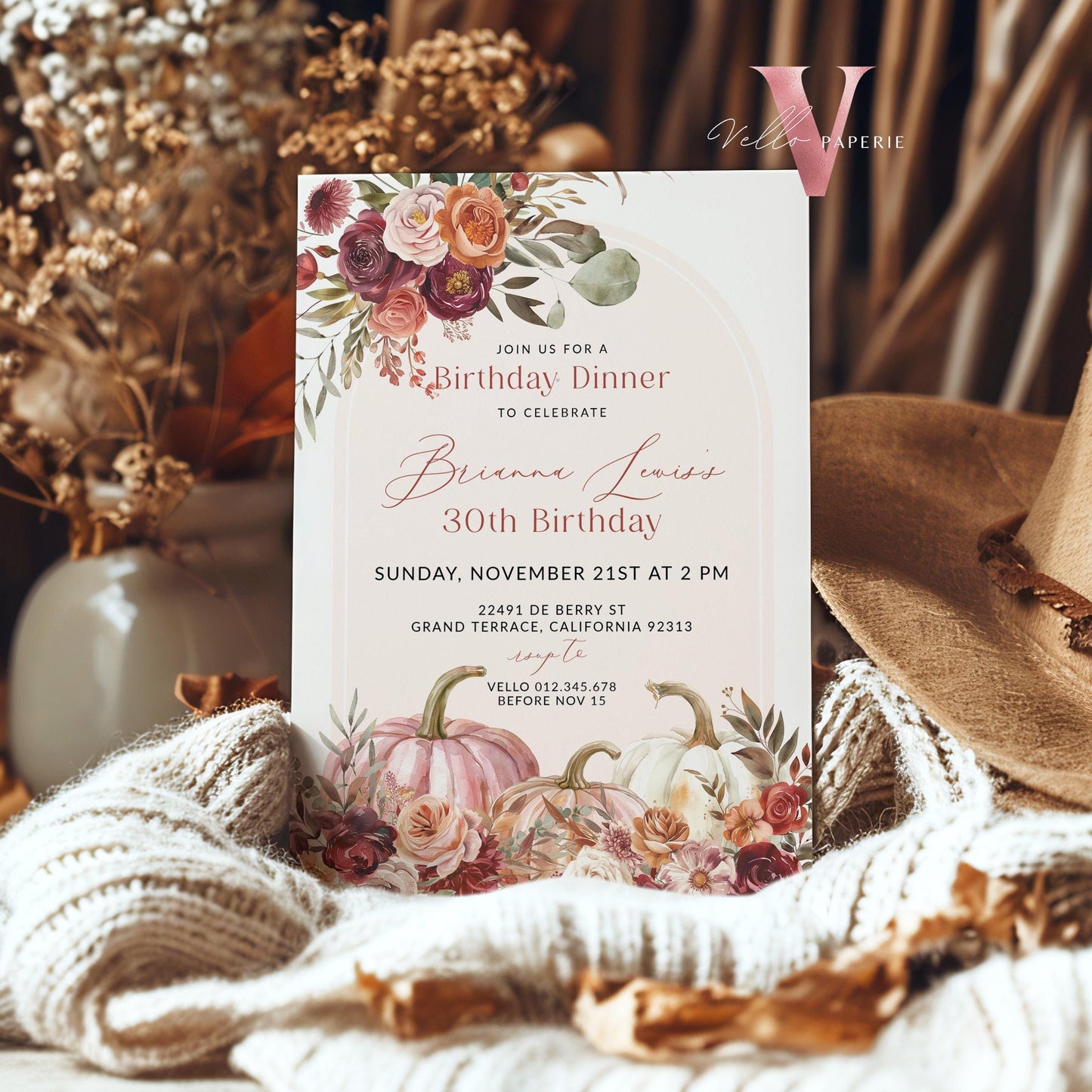 FALL Pumpkin Modern Birthday Party Invitation | ANY AGE Autumn Floral Pumpkin Birthday Invite | Arch Burgundy Terracota Flower Autumn Bloom