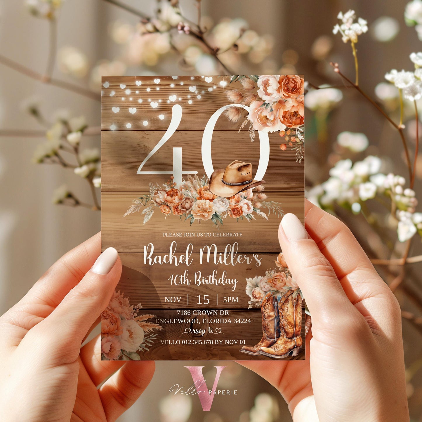 Western Rustic FALL EDITABLE AGE Birthday Party Invitation | Autumn Floral Pumpkin Birthday Invite | Rustic Wooden Terracota Autumn Flower