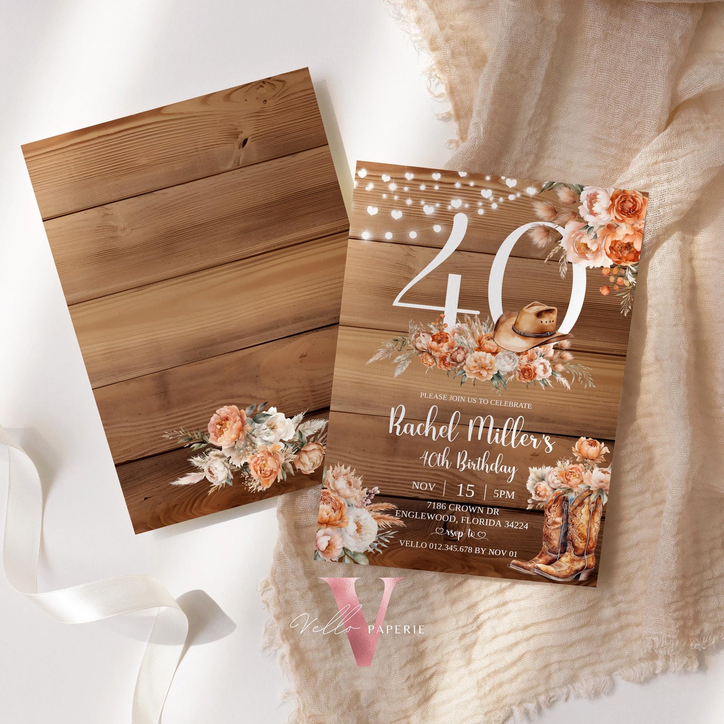 Western Rustic FALL EDITABLE AGE Birthday Party Invitation | Autumn Floral Pumpkin Birthday Invite | Rustic Wooden Terracota Autumn Flower