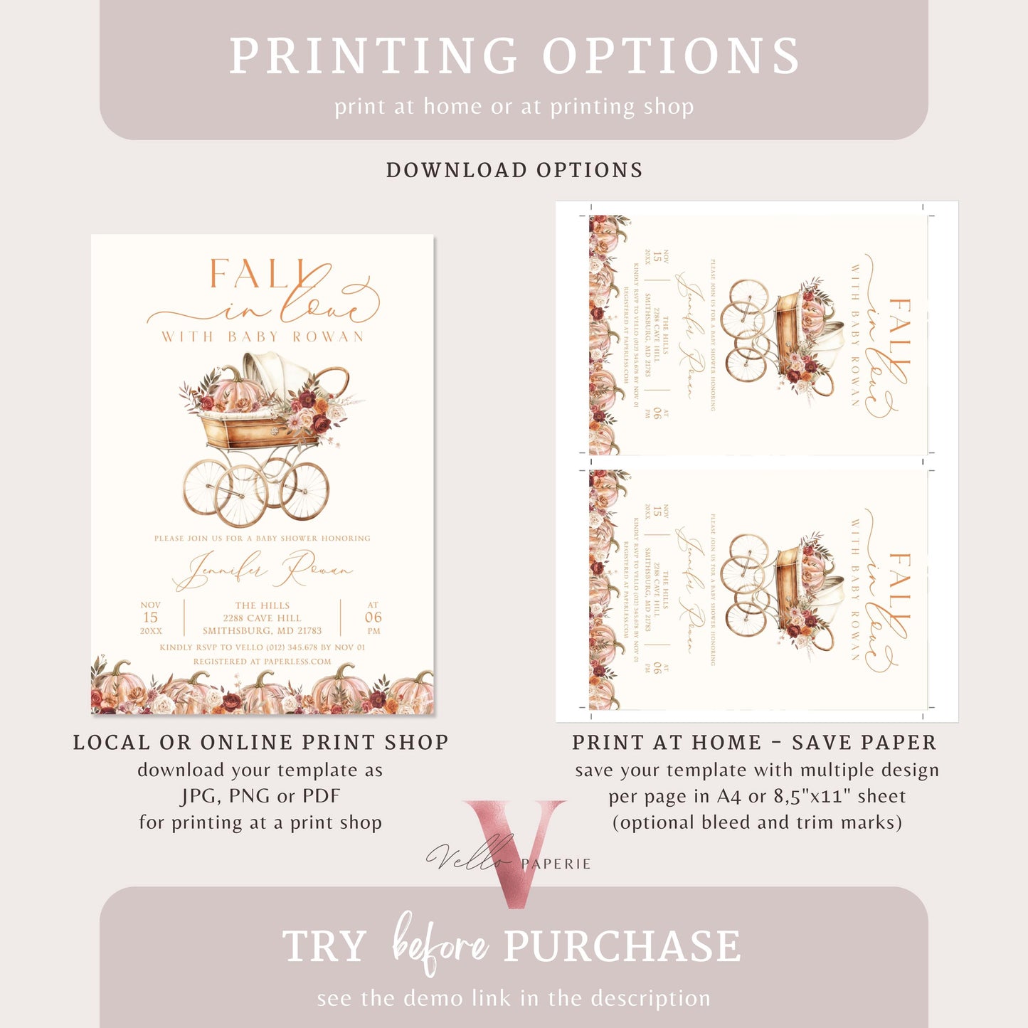Pumpkin FALL IN LOVE Baby Shower Invitation | Autumn Floral Pumpkin Baby Shower Invite | Modern Baby Stroller Carriage Pumpkin Baby FPB02