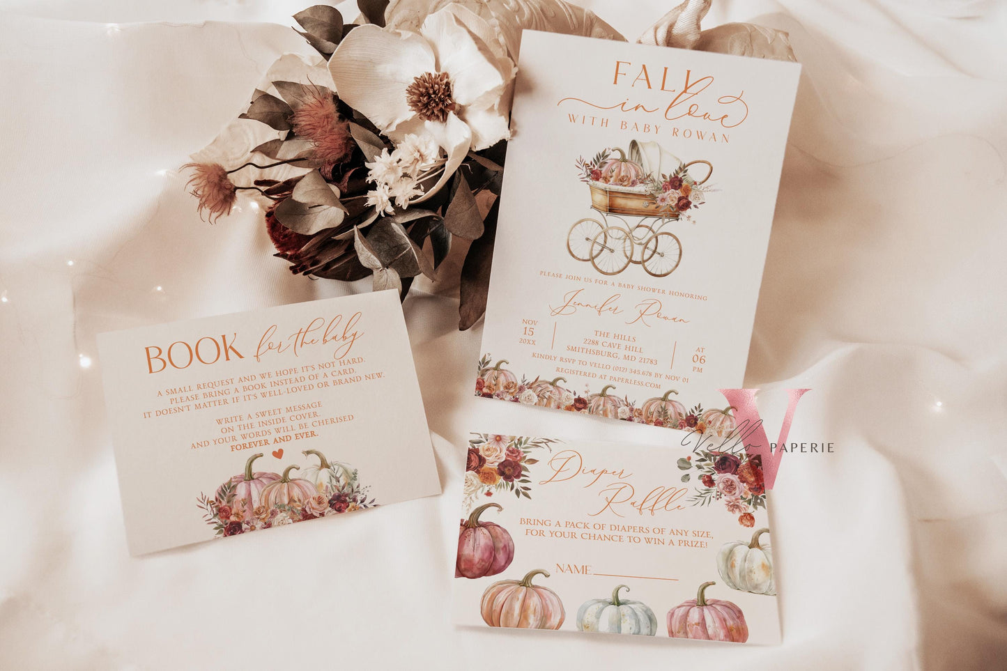Pumpkin FALL IN LOVE Baby Shower Invitation | Autumn Floral Pumpkin Baby Shower Invite | Modern Baby Stroller Carriage Pumpkin Baby FPB02