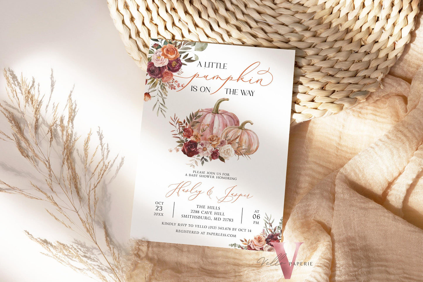 Little Pumpkin Fall Baby Shower Invitation | Autumn Floral Pumpkin Baby Shower Invite | Modern Boho Burgundy Orange Pumpkin Baby Flower