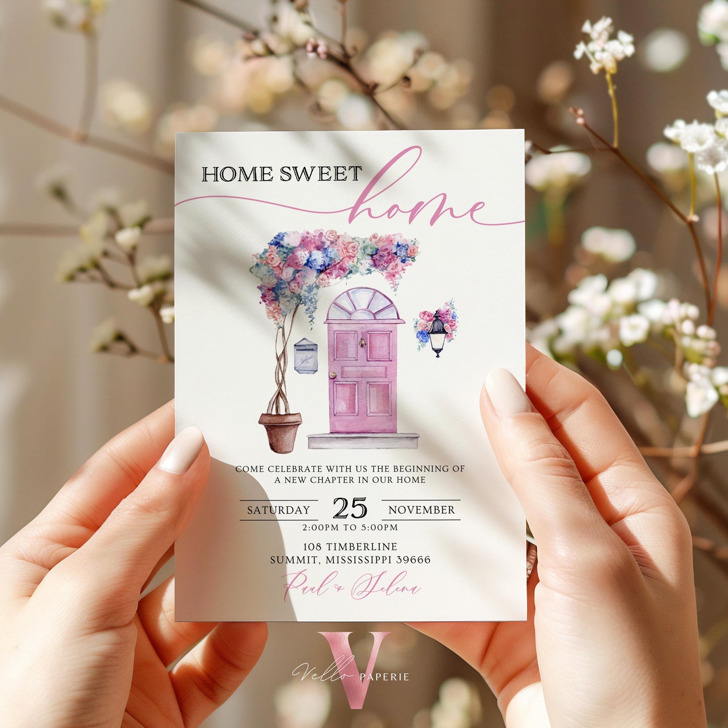 Neutral Floral House Warming Invitation | Entrydoor watercolor Home Sweet Home Party Invite | Modern Simple Flower New House Celebration