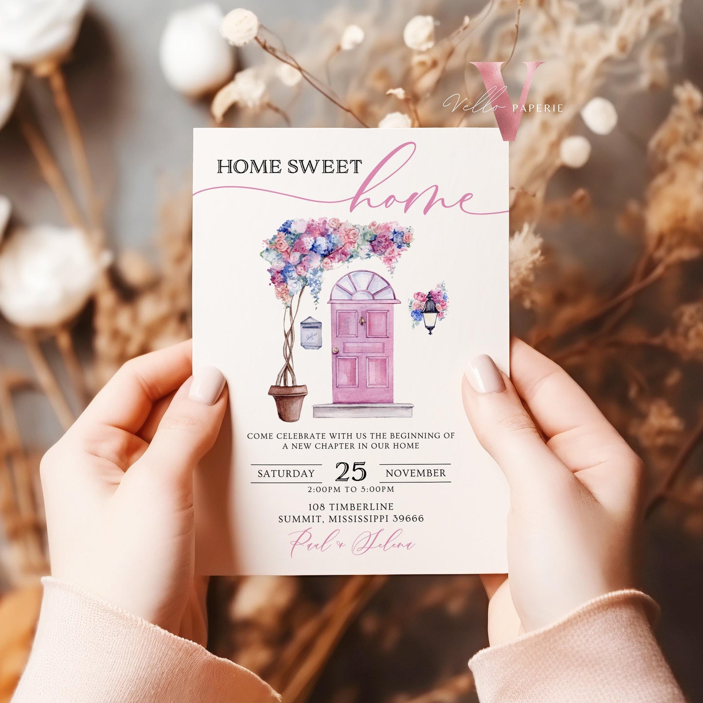 Neutral Floral House Warming Invitation | Entrydoor watercolor Home Sweet Home Party Invite | Modern Simple Flower New House Celebration