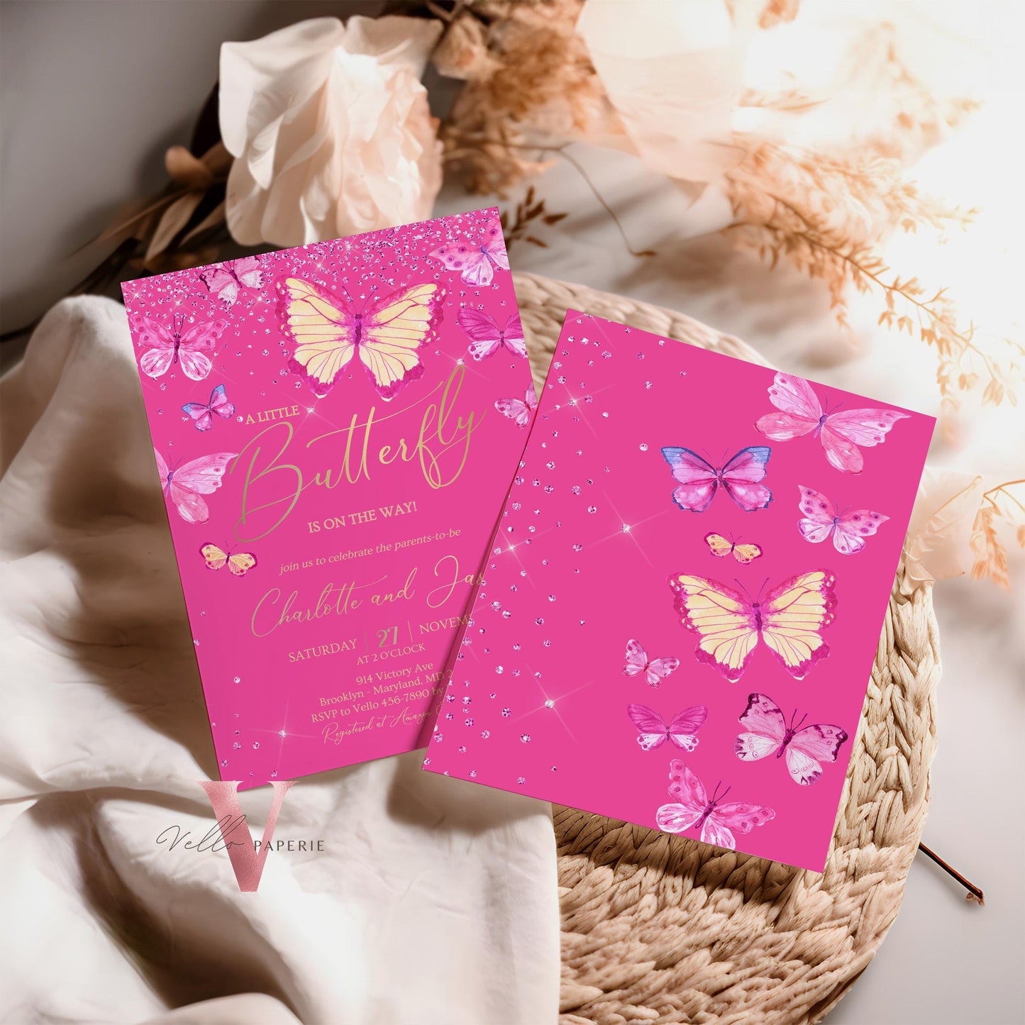 Pink Gold Watercolor Butterfly Baby Shower Party Invitation | A little butterfly Welcome Baby Party Invite | Hot Pink Sparkle Baby Butterfly