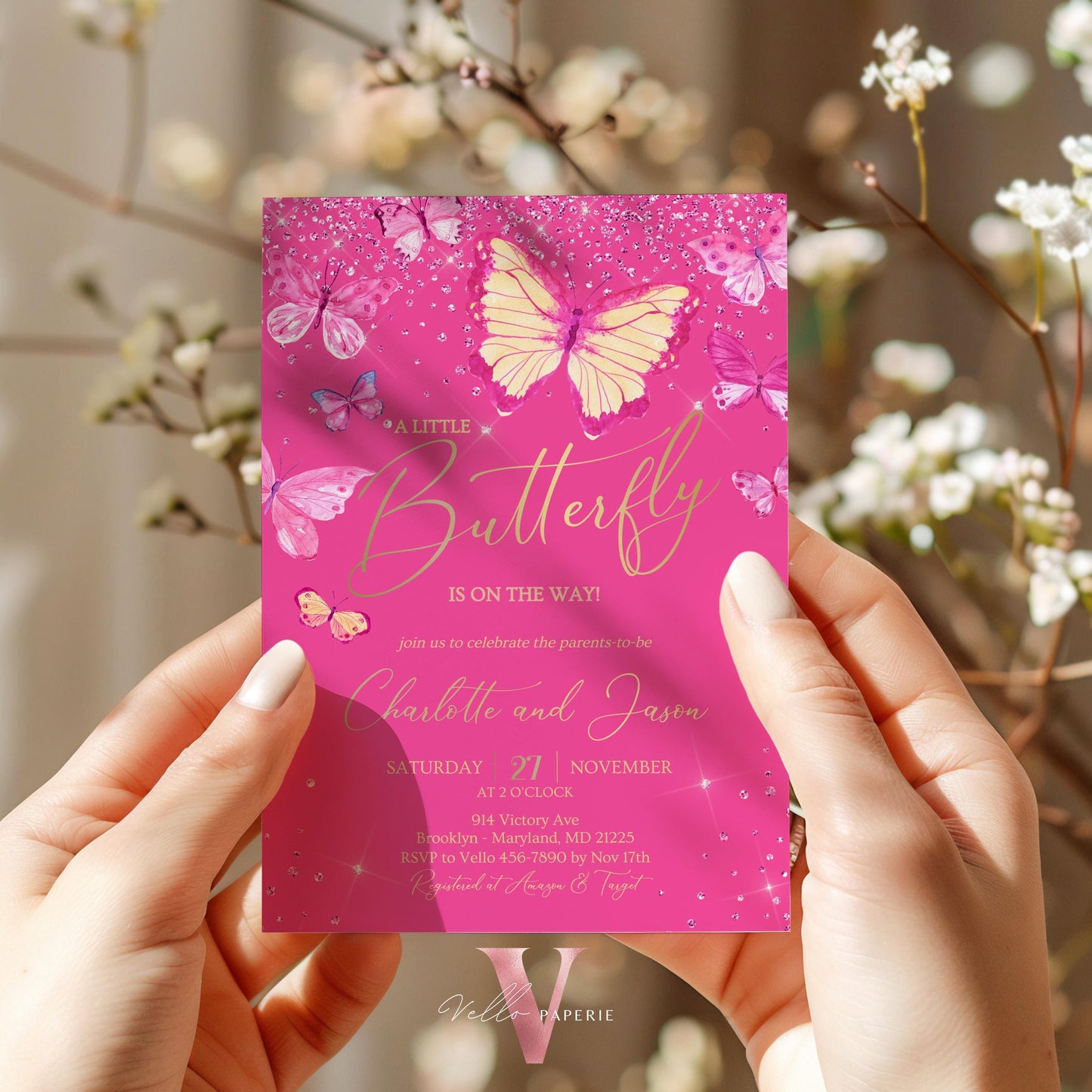 Pink Gold Watercolor Butterfly Baby Shower Party Invitation | A little butterfly Welcome Baby Party Invite | Hot Pink Sparkle Baby Butterfly