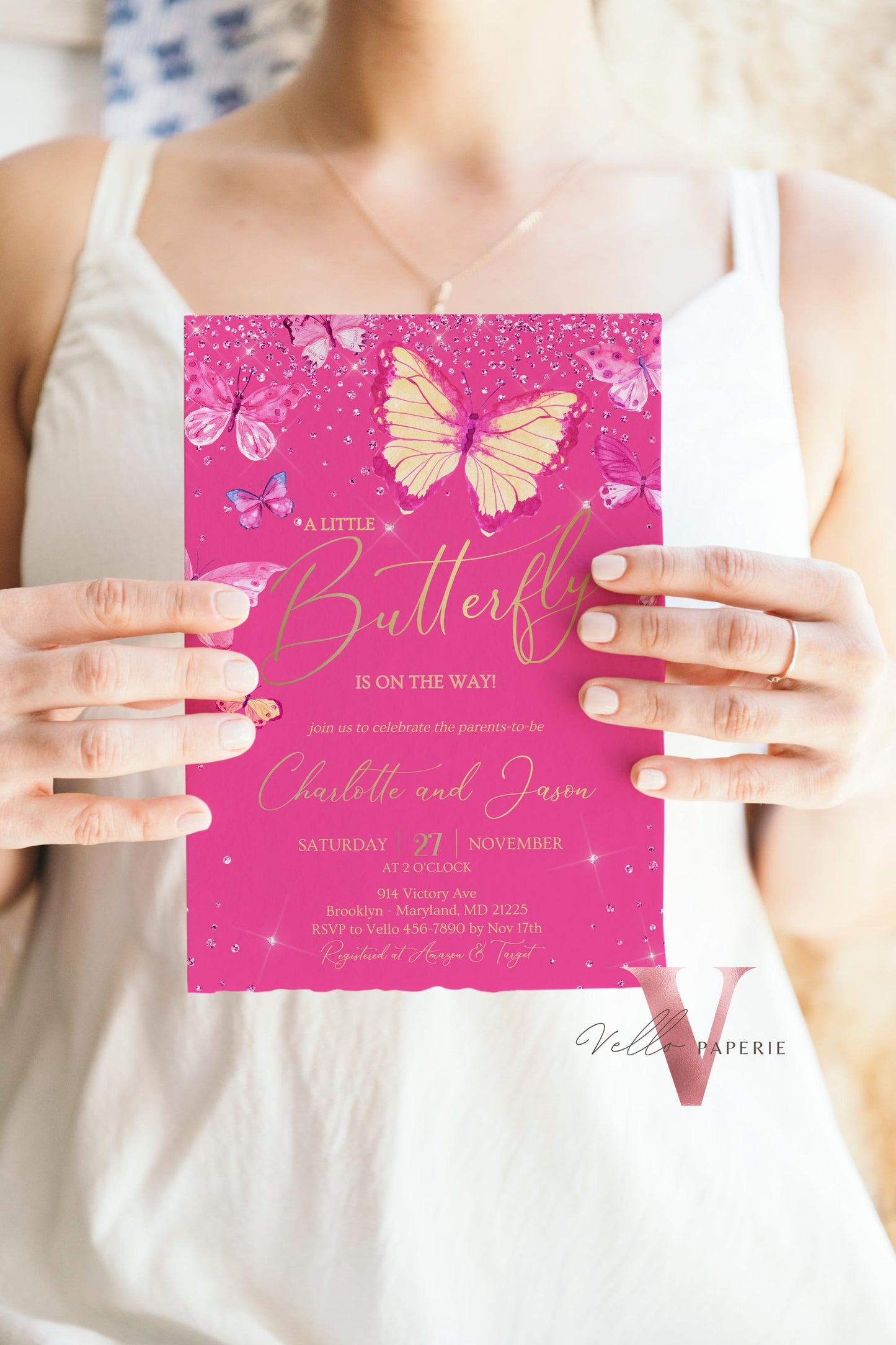 Pink Gold Watercolor Butterfly Baby Shower Party Invitation | A little butterfly Welcome Baby Party Invite | Hot Pink Sparkle Baby Butterfly
